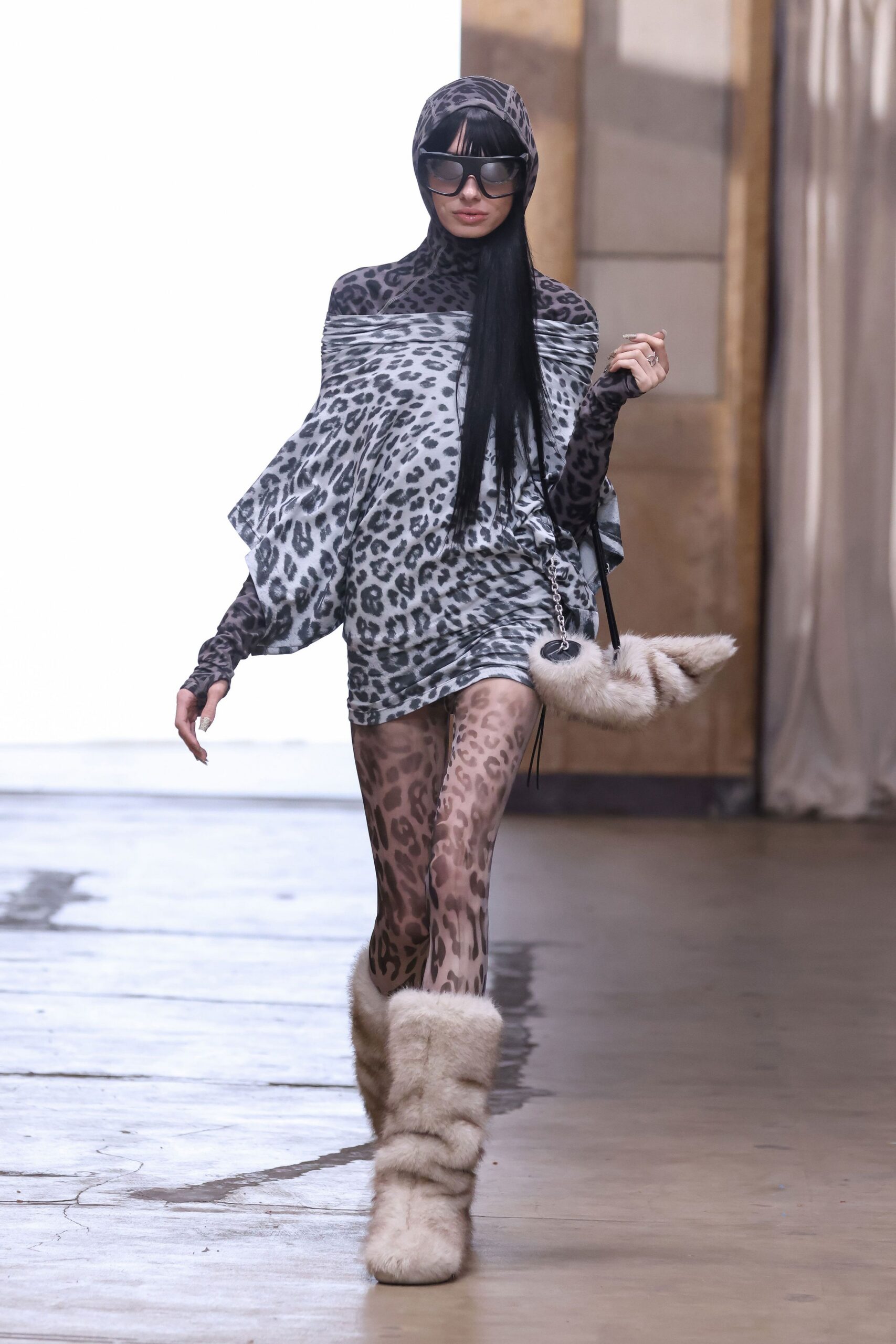 gray mesh animal-print sheer tights