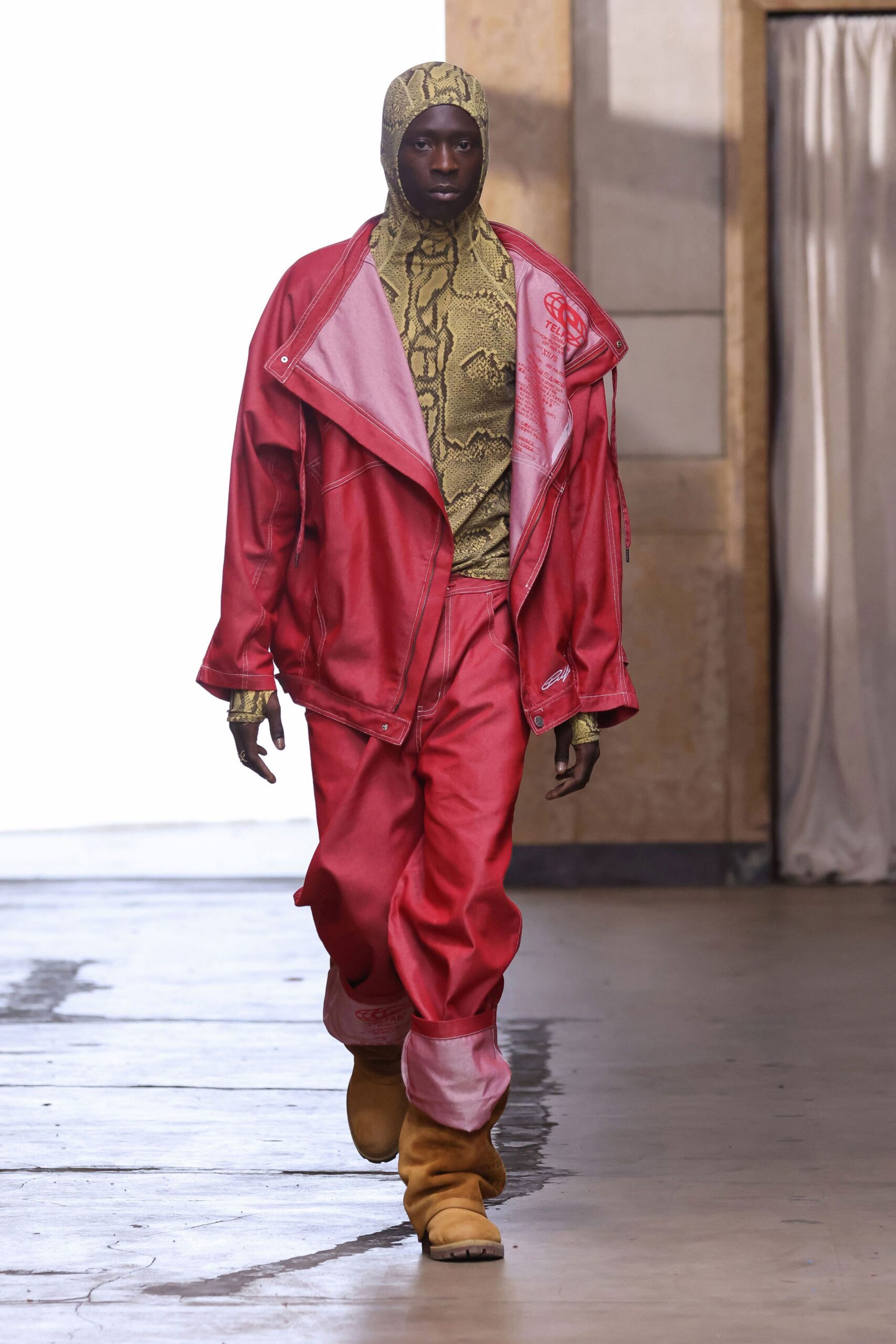 red leather long-sleeve open-front oversized zippered jacket