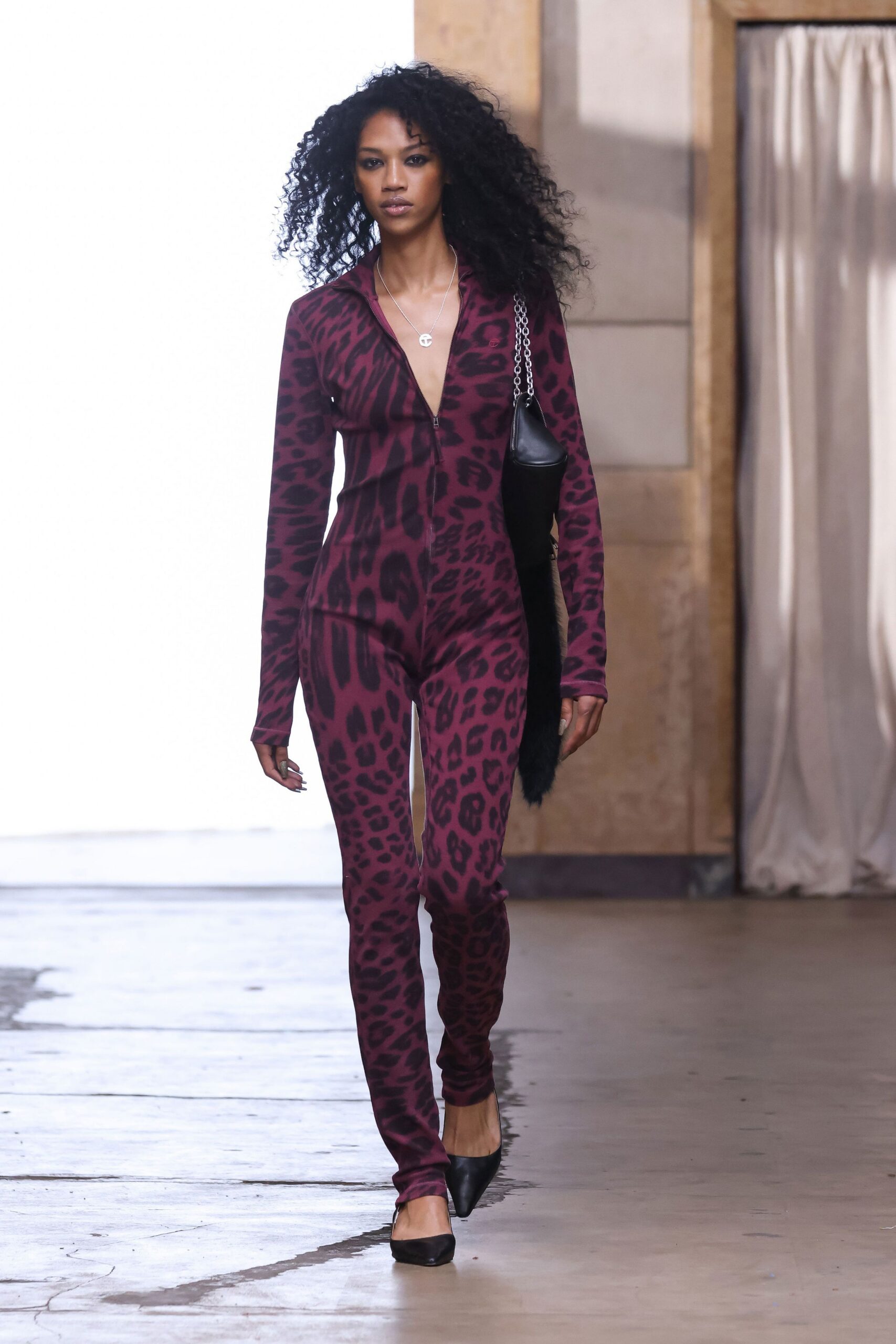 purple leopard zip-front catsuit
