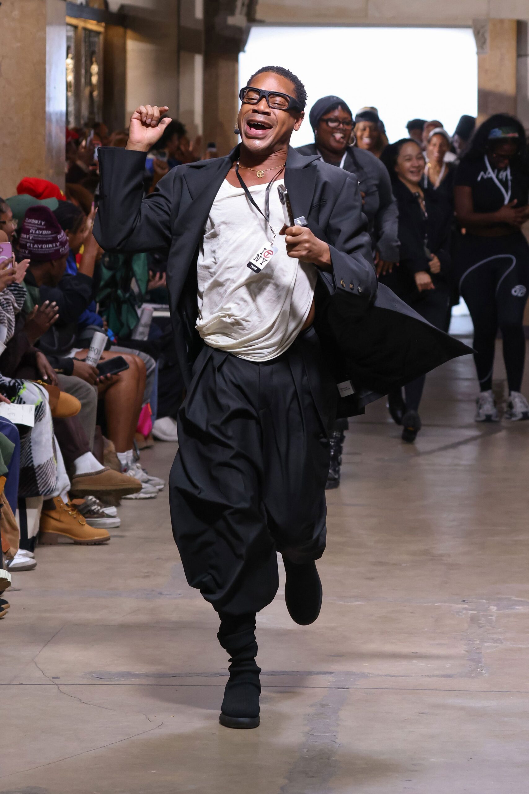 black blazer with drop-crotch trousers