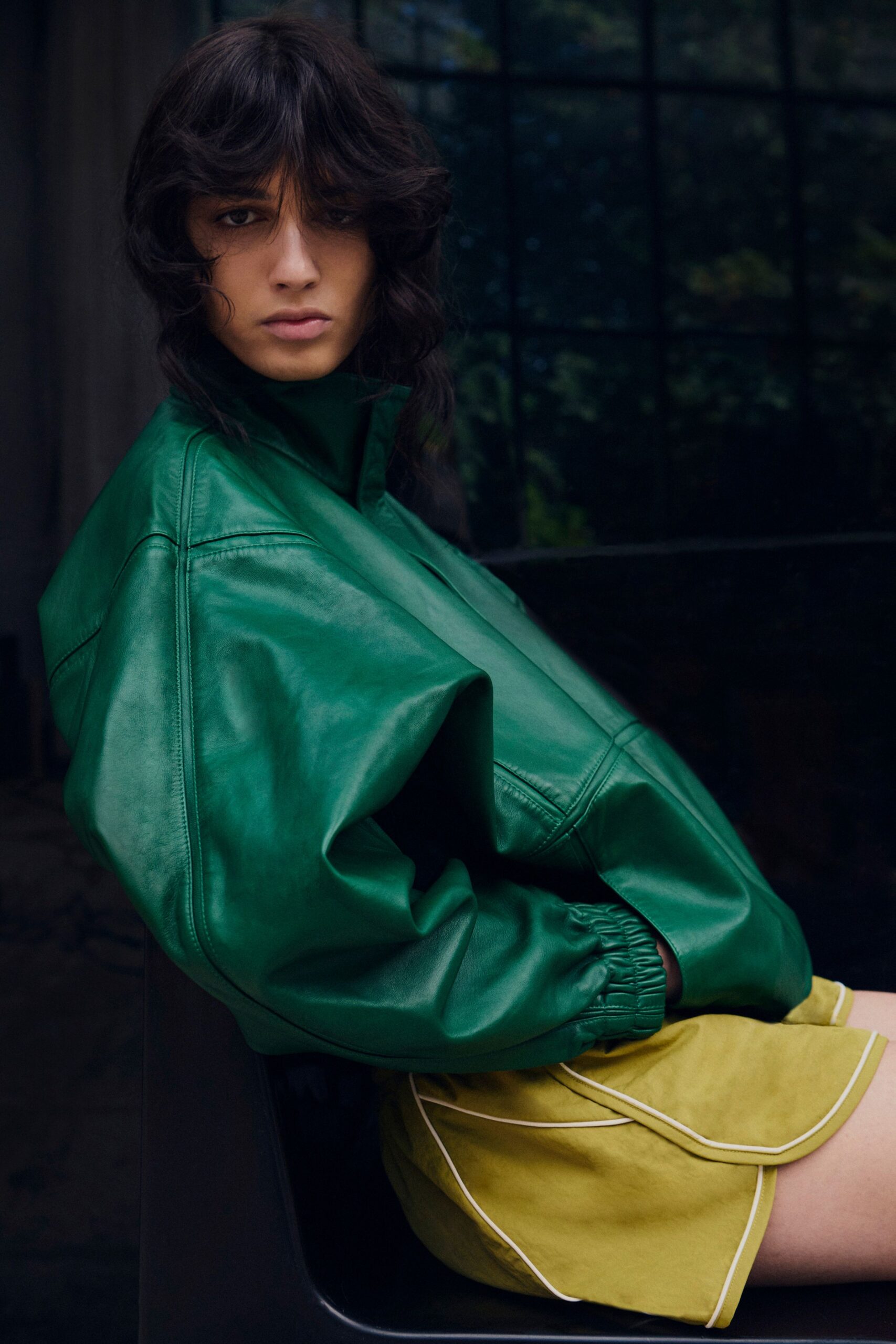 oversized green leather blouson jacket