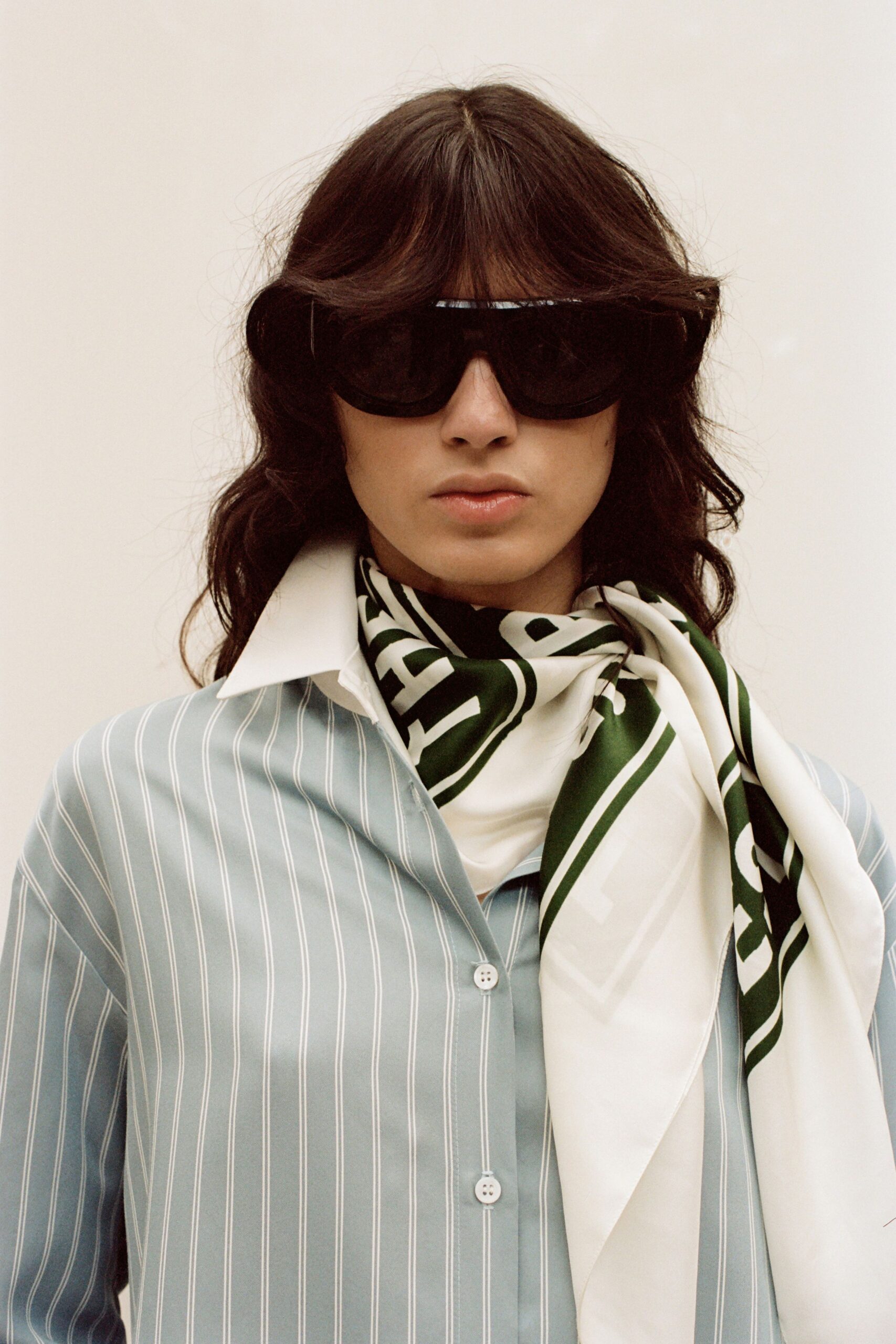 blue pinstriped button-front shirt