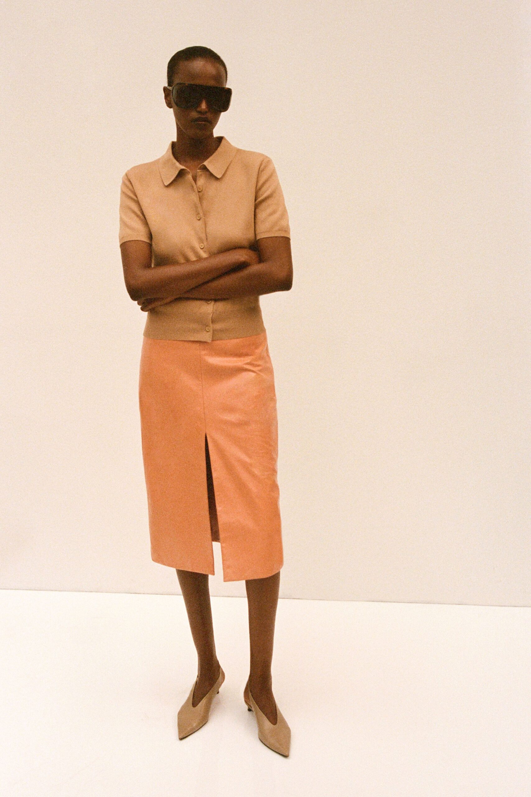 front-slit coral pencil skirt