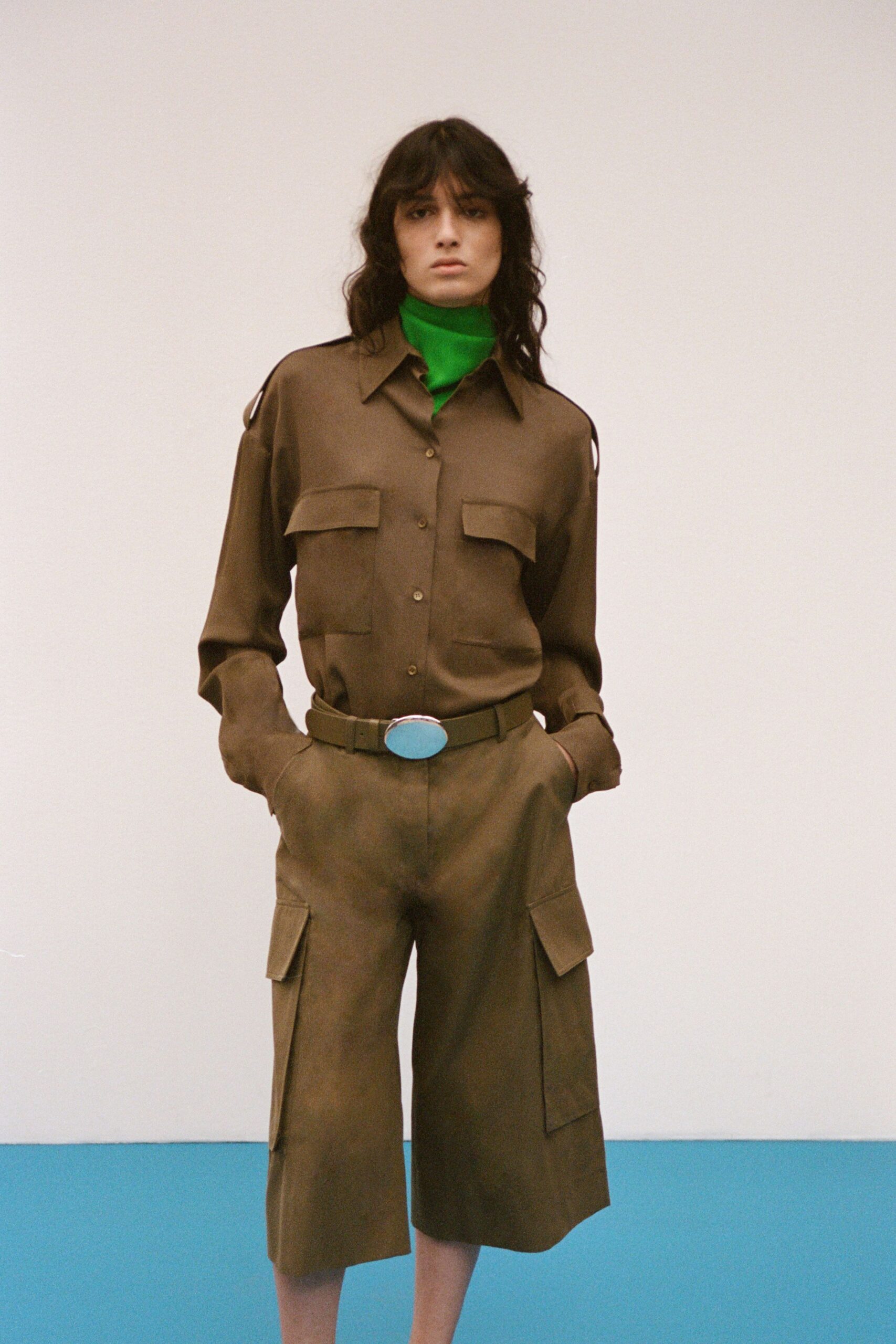 brown cargo culottes with oval buckle belt