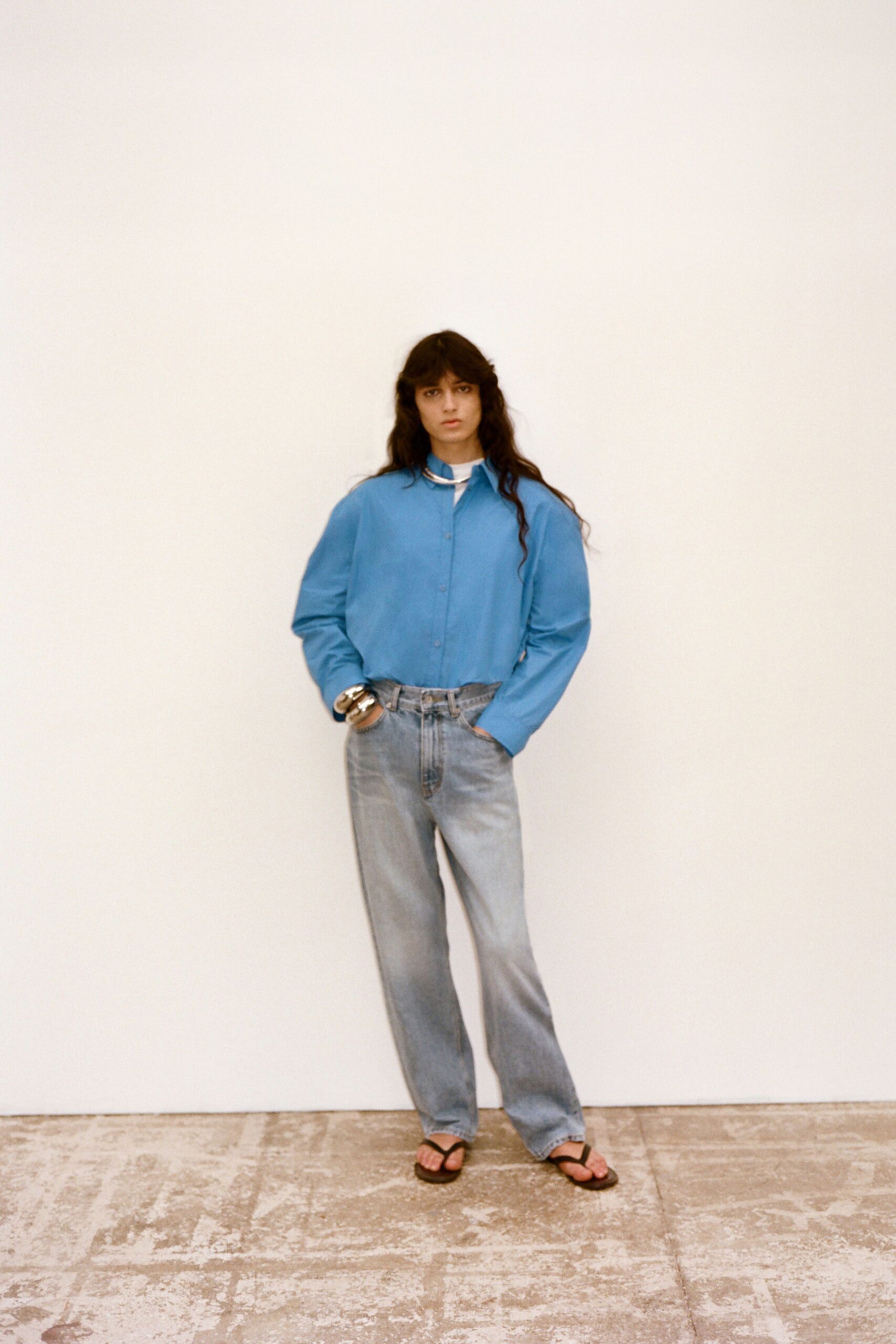 oversized blue button-down shirt