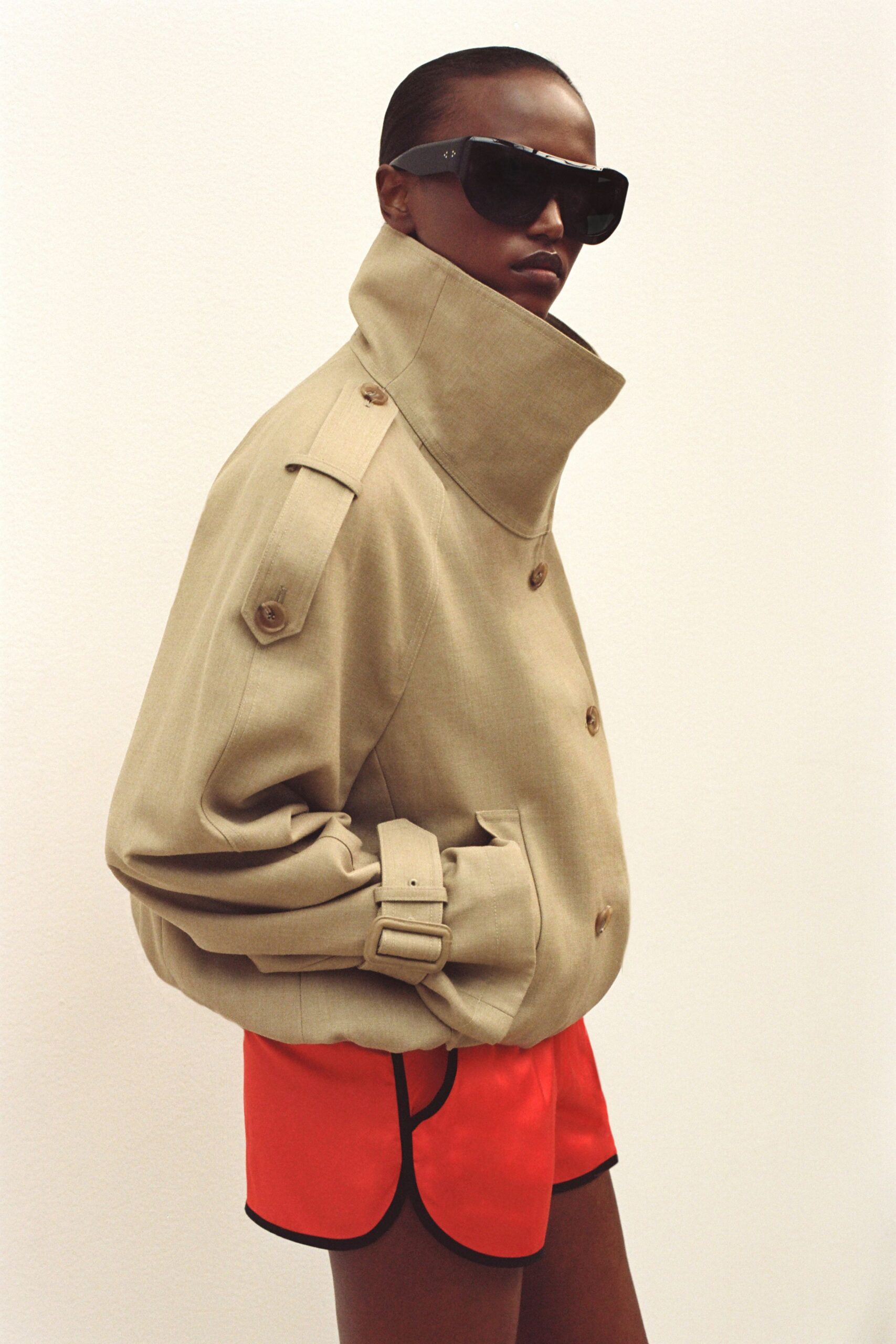 high-neck cropped trench jacket