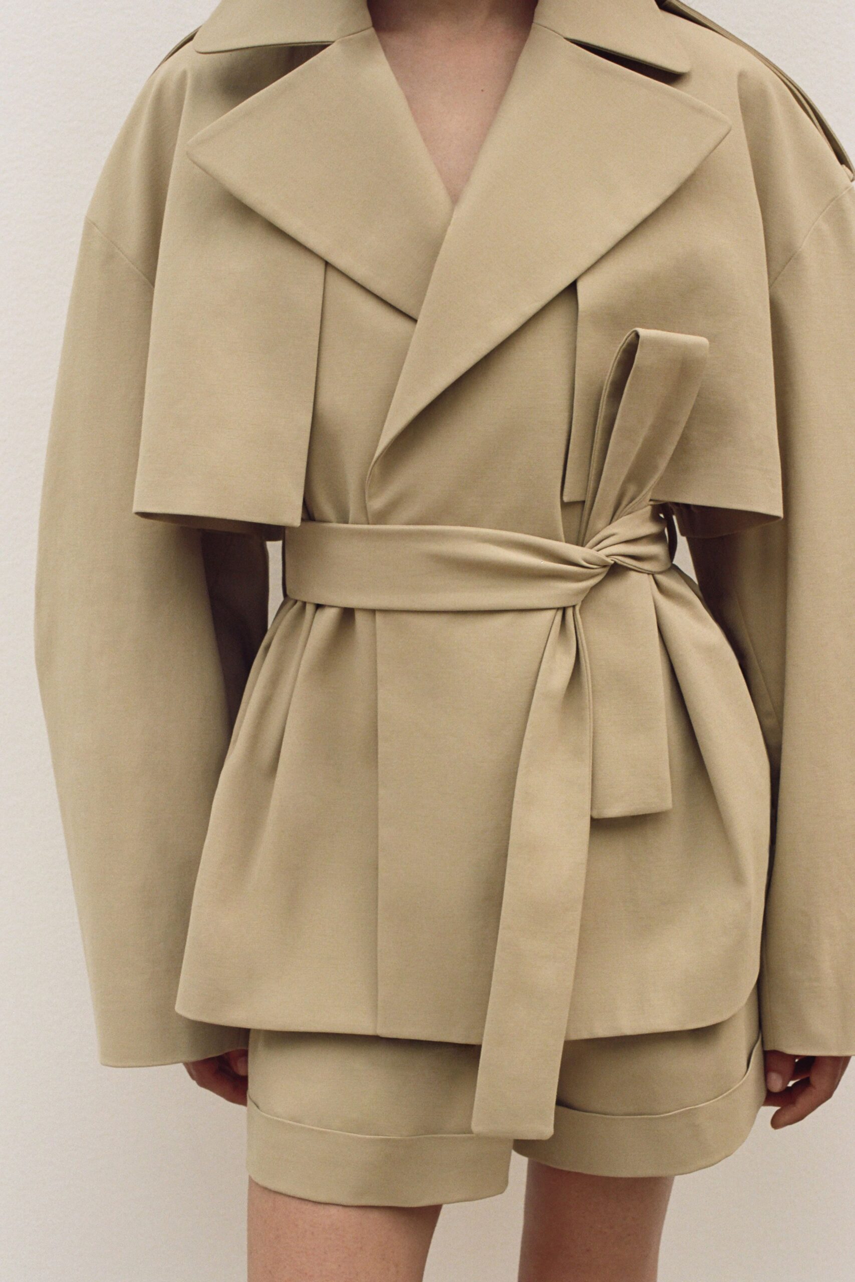 beige cape-sleeve wrap jacket