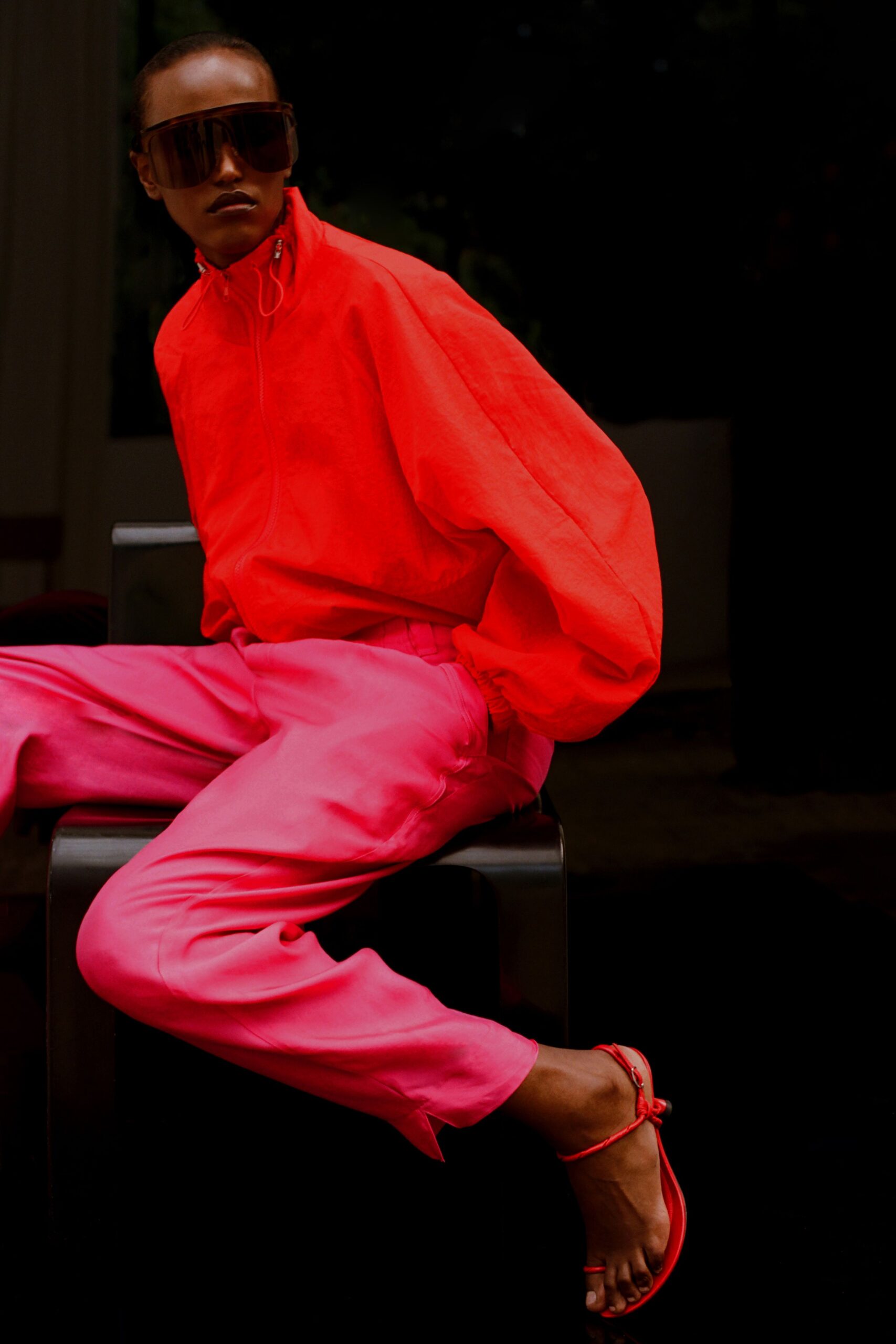oversized red windbreaker jacket