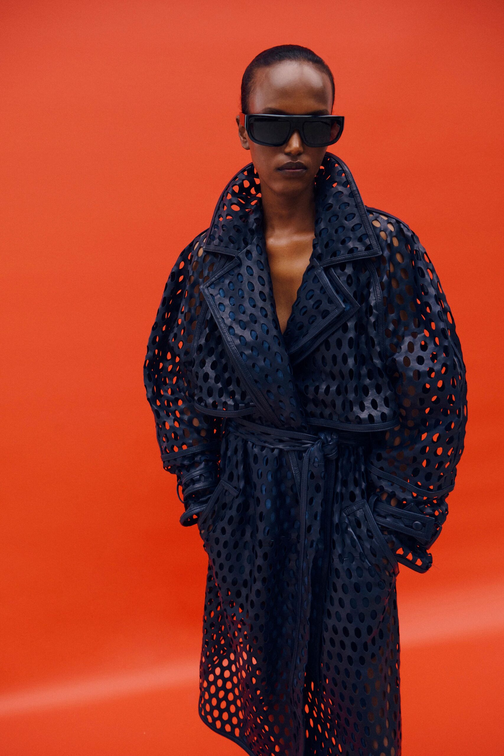 laser-cut leather trench coat