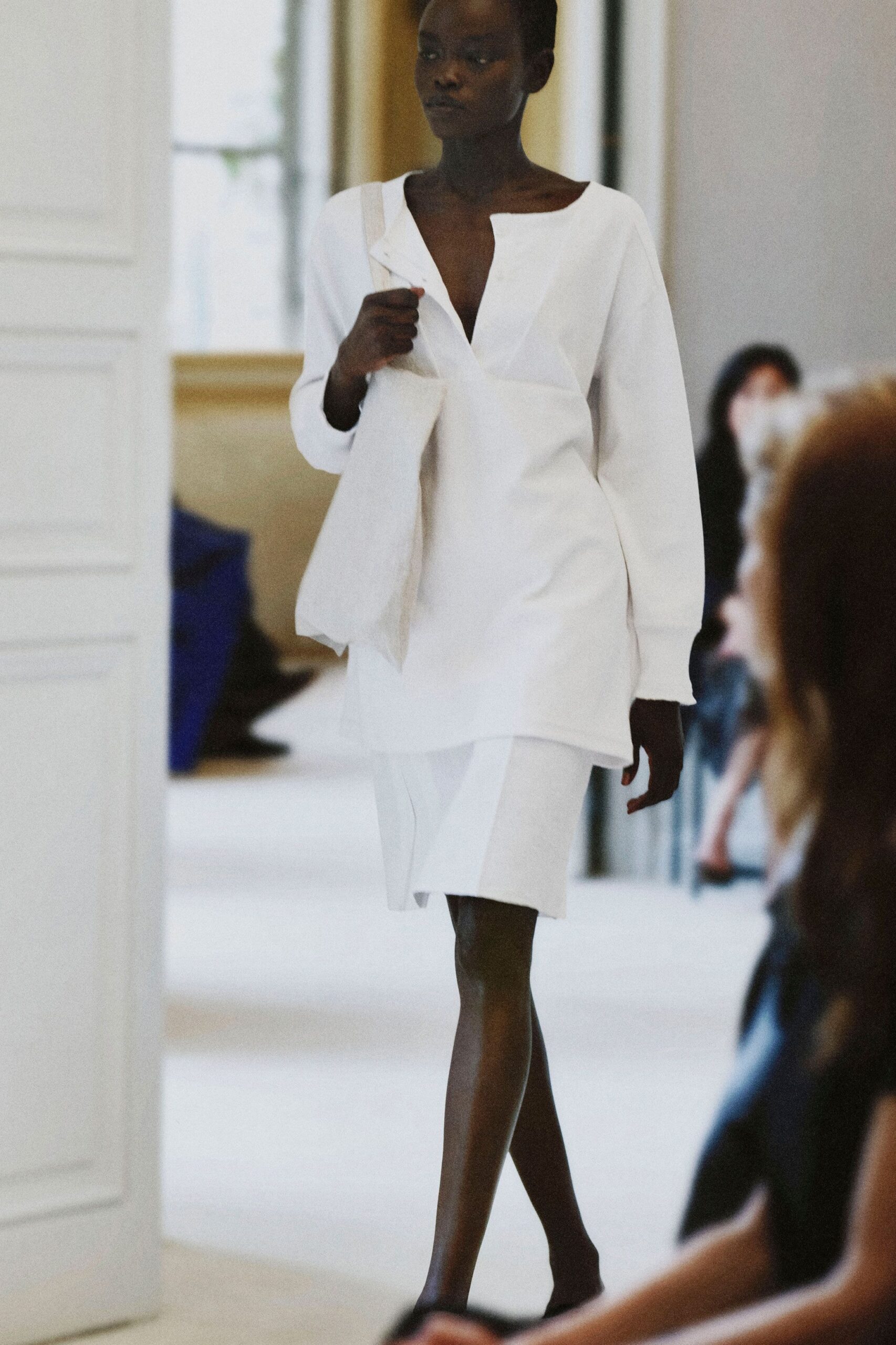 white asymmetric draped mini dress