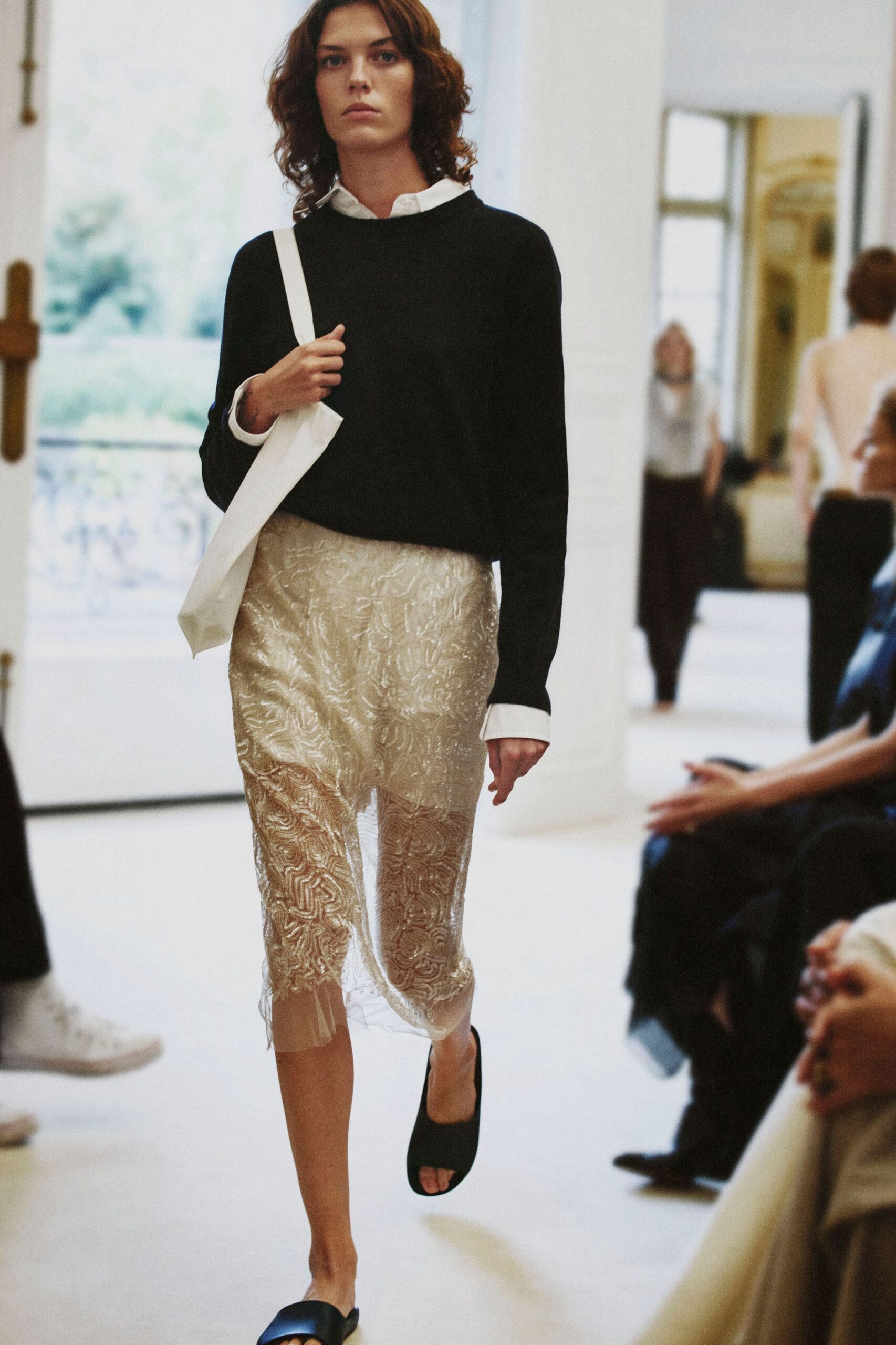 champagne embroidered lace midi skirt