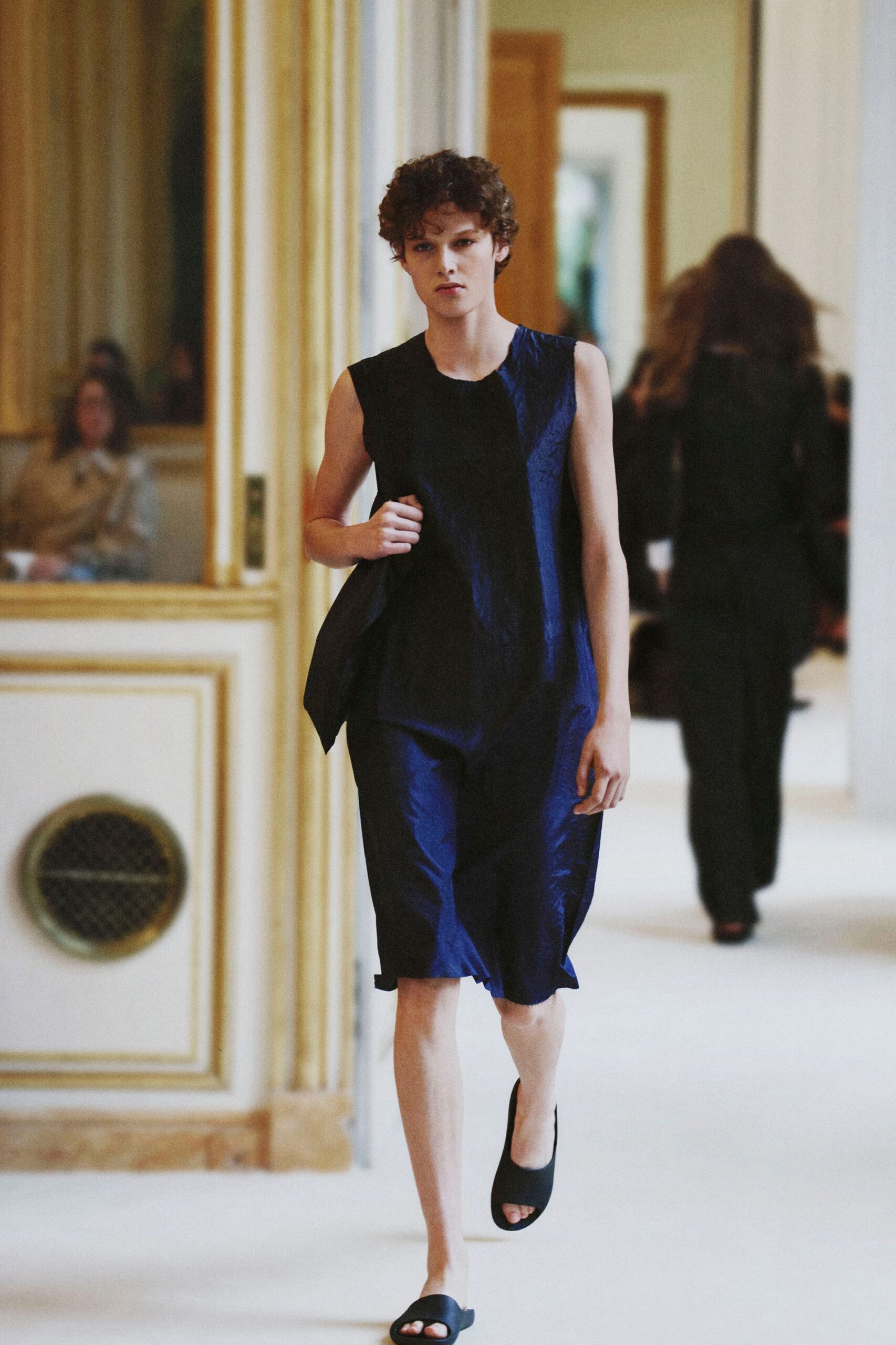 blue and black satin midi dress
