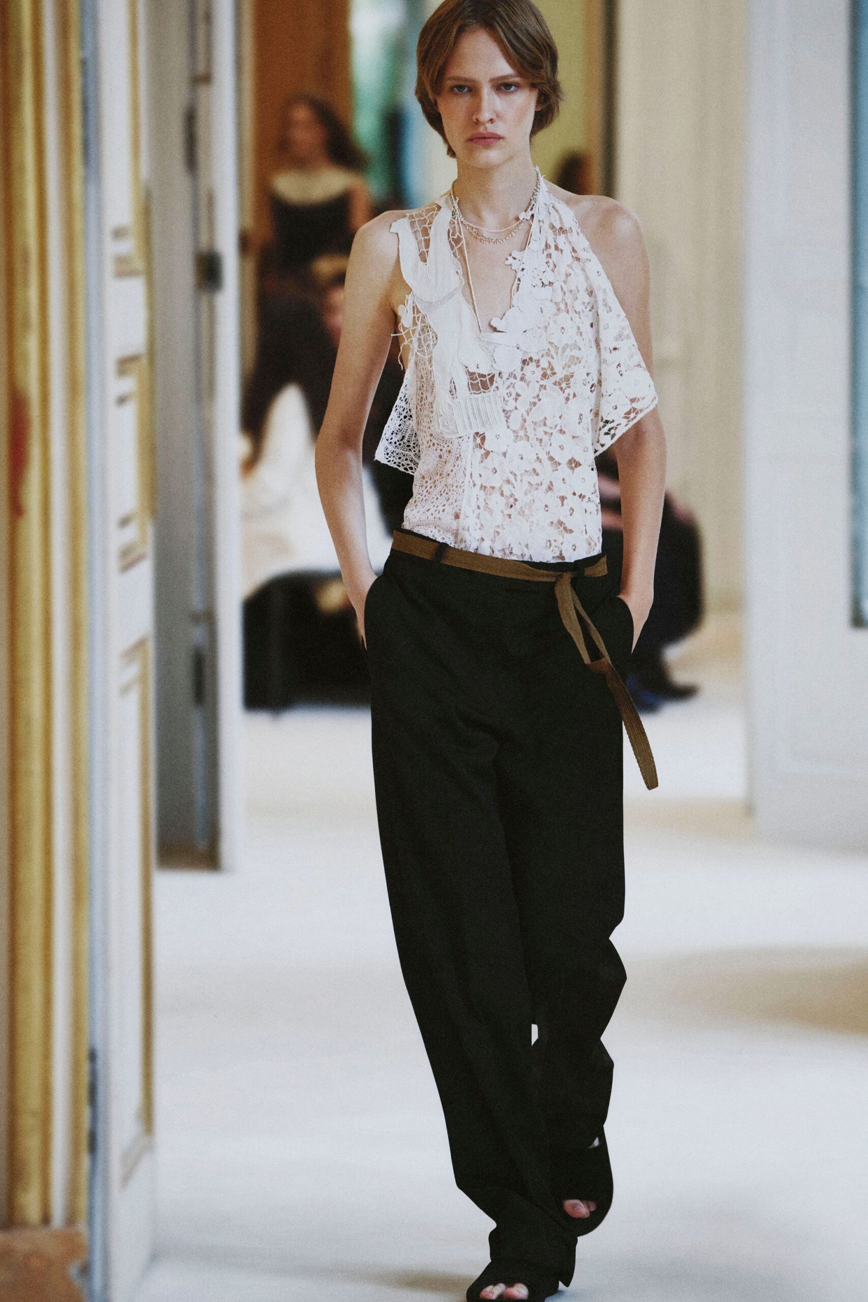 one-shoulder floral lace top