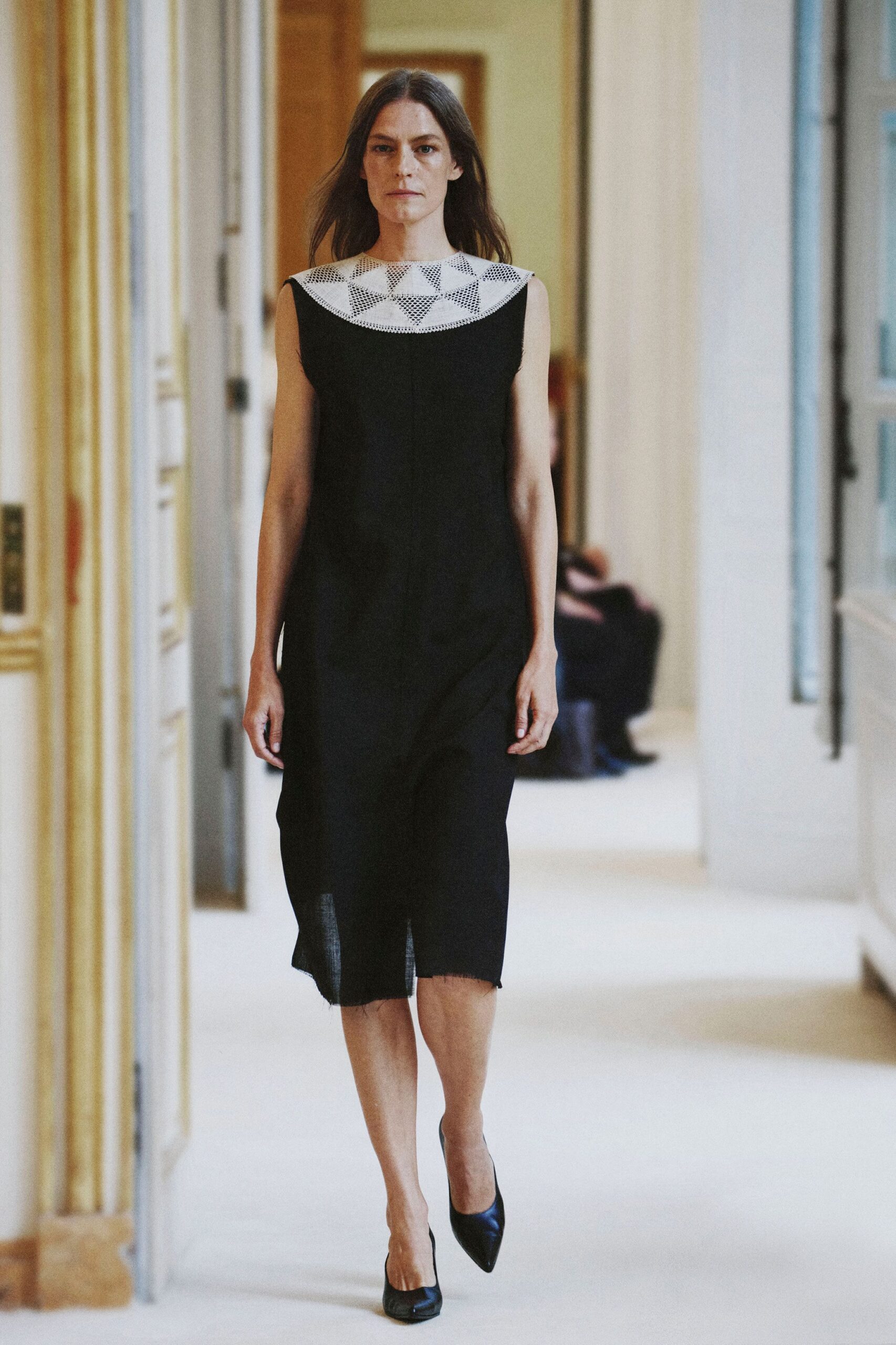 black midi dress with crochet collar