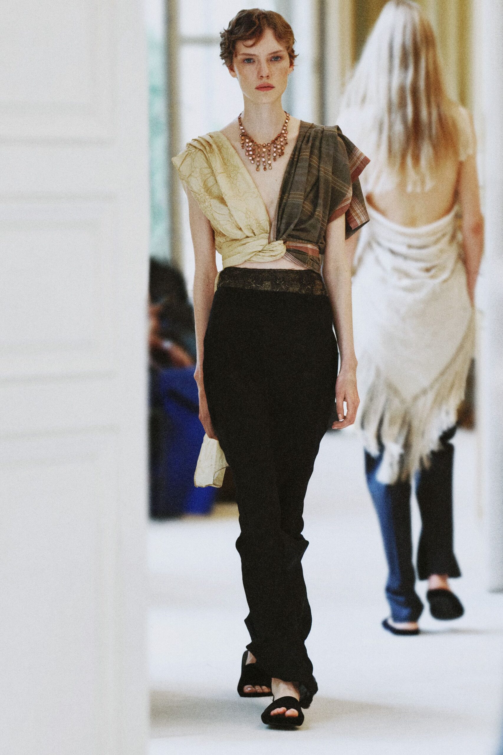 asymmetric scarf-wrap cropped top