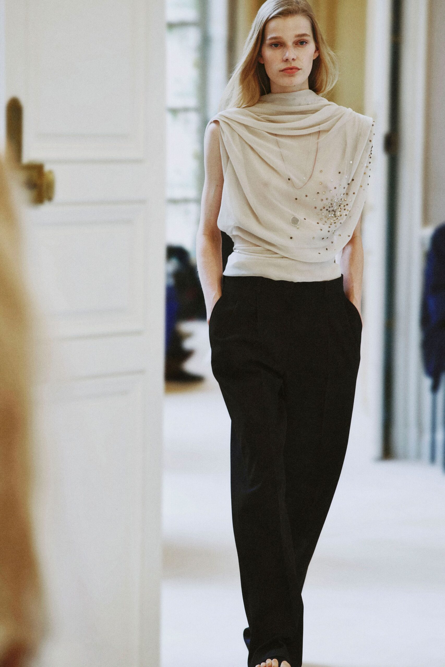 ivory embellished draped cowl-neck top