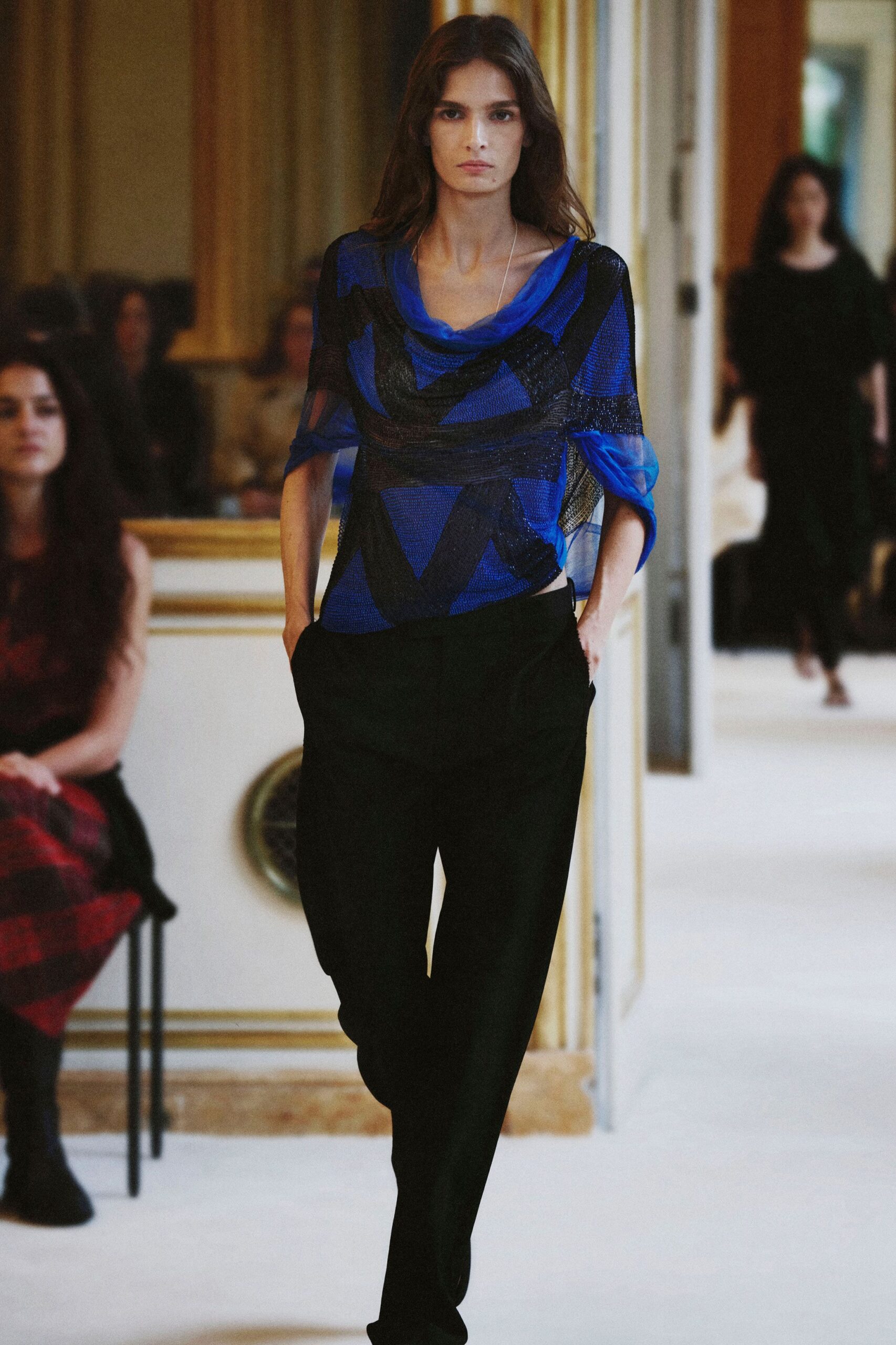 blue draped mesh top