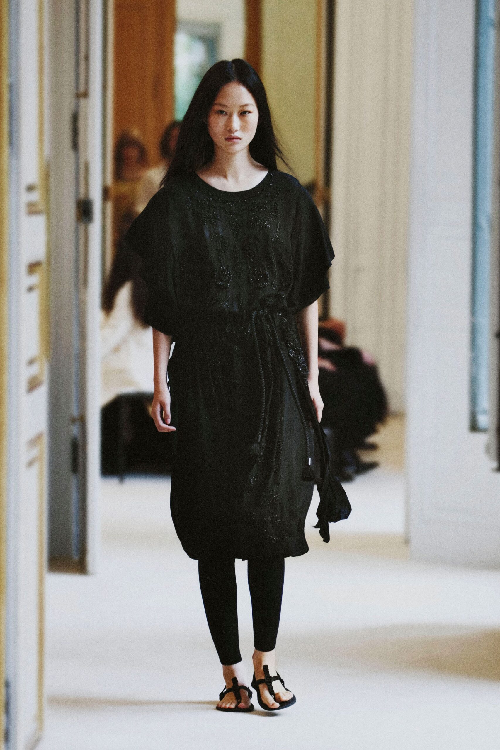 black short-sleeve scoop-neck relaxed embellished draped midi dress