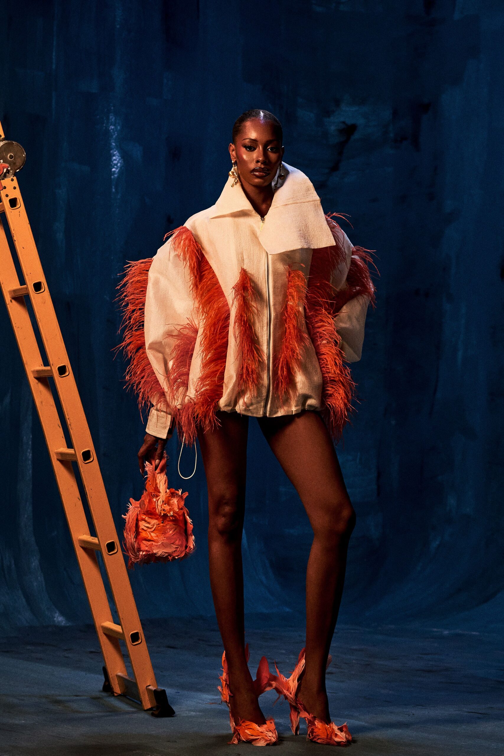 ivory feather long-sleeve collared oversized feathered zippered jacket