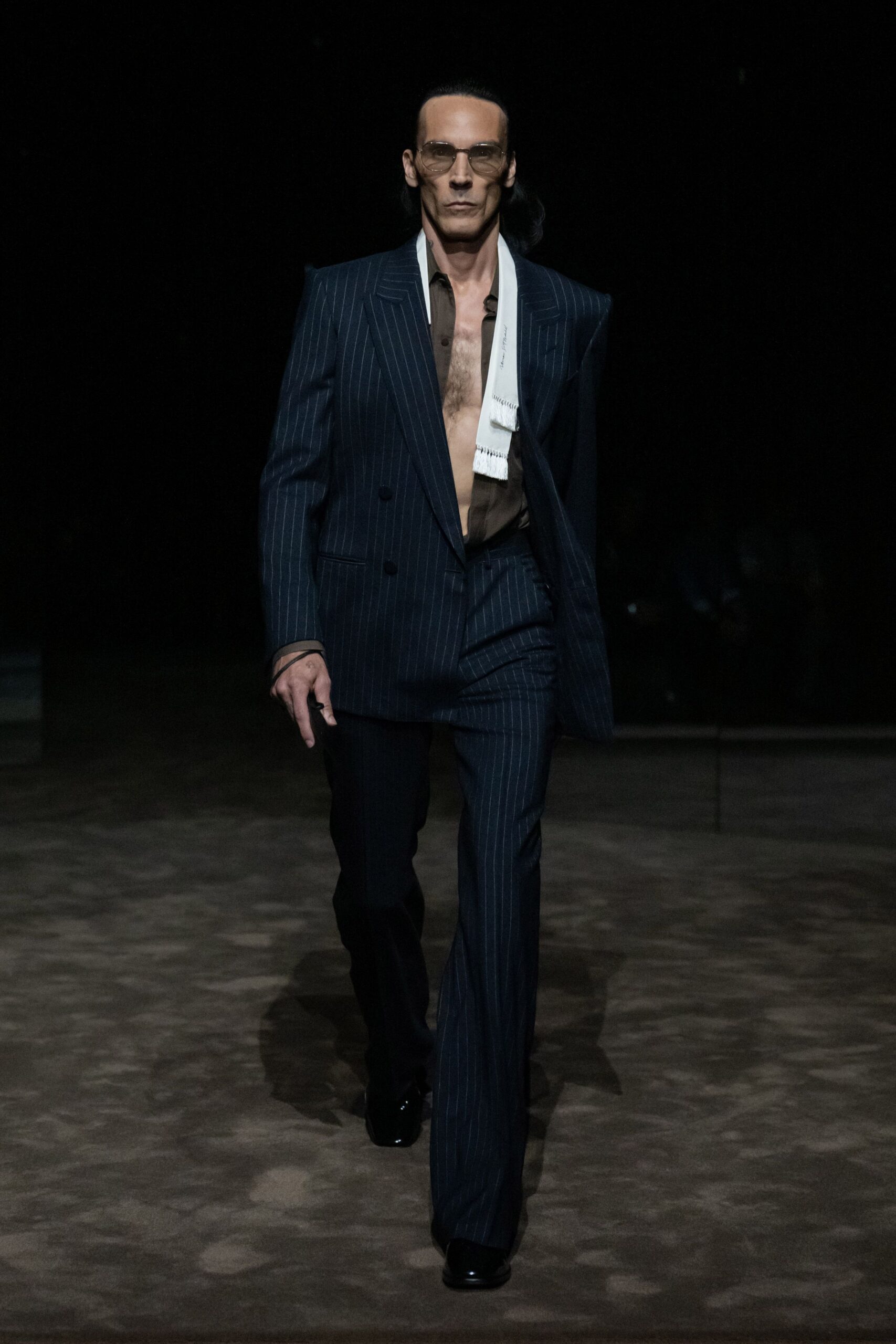 blue wool tailored pinstriped straight-leg pants