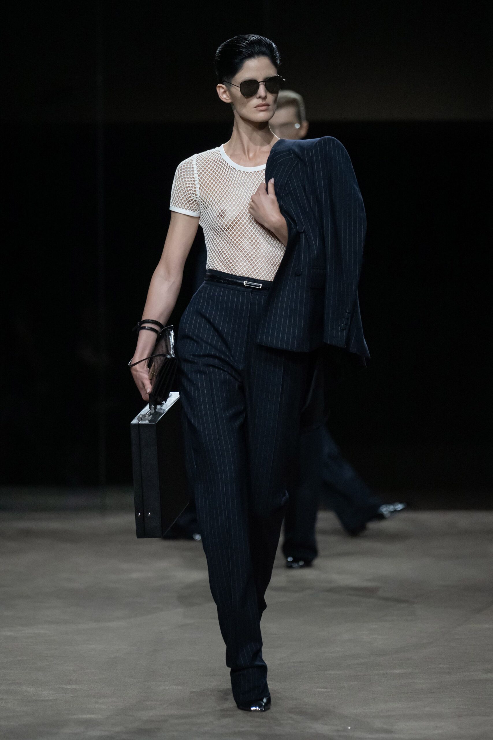 blue wool tailored pinstriped straight-leg pants