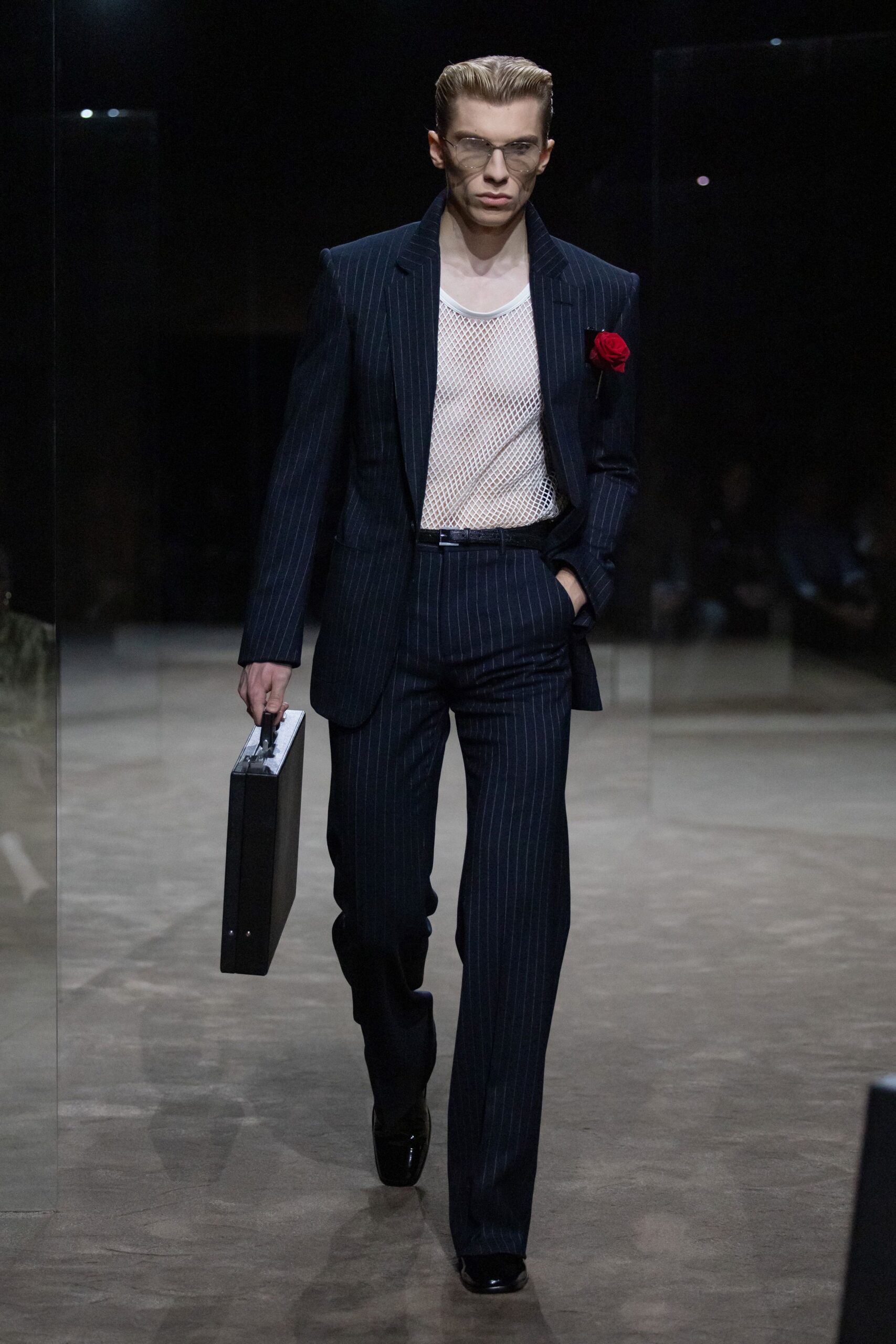 blue pinstriped straight-leg pants