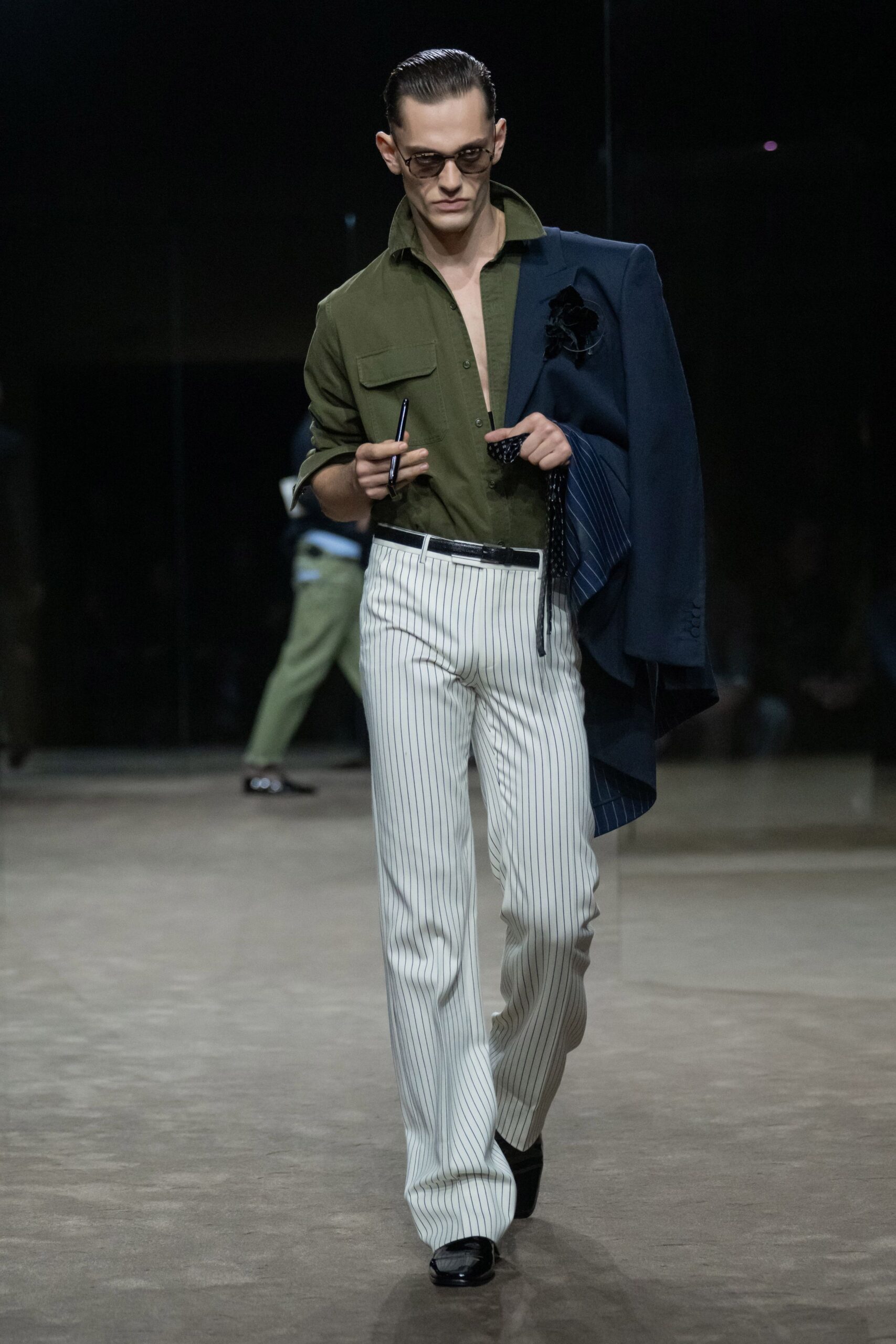 white tailored pinstriped straight-leg pants