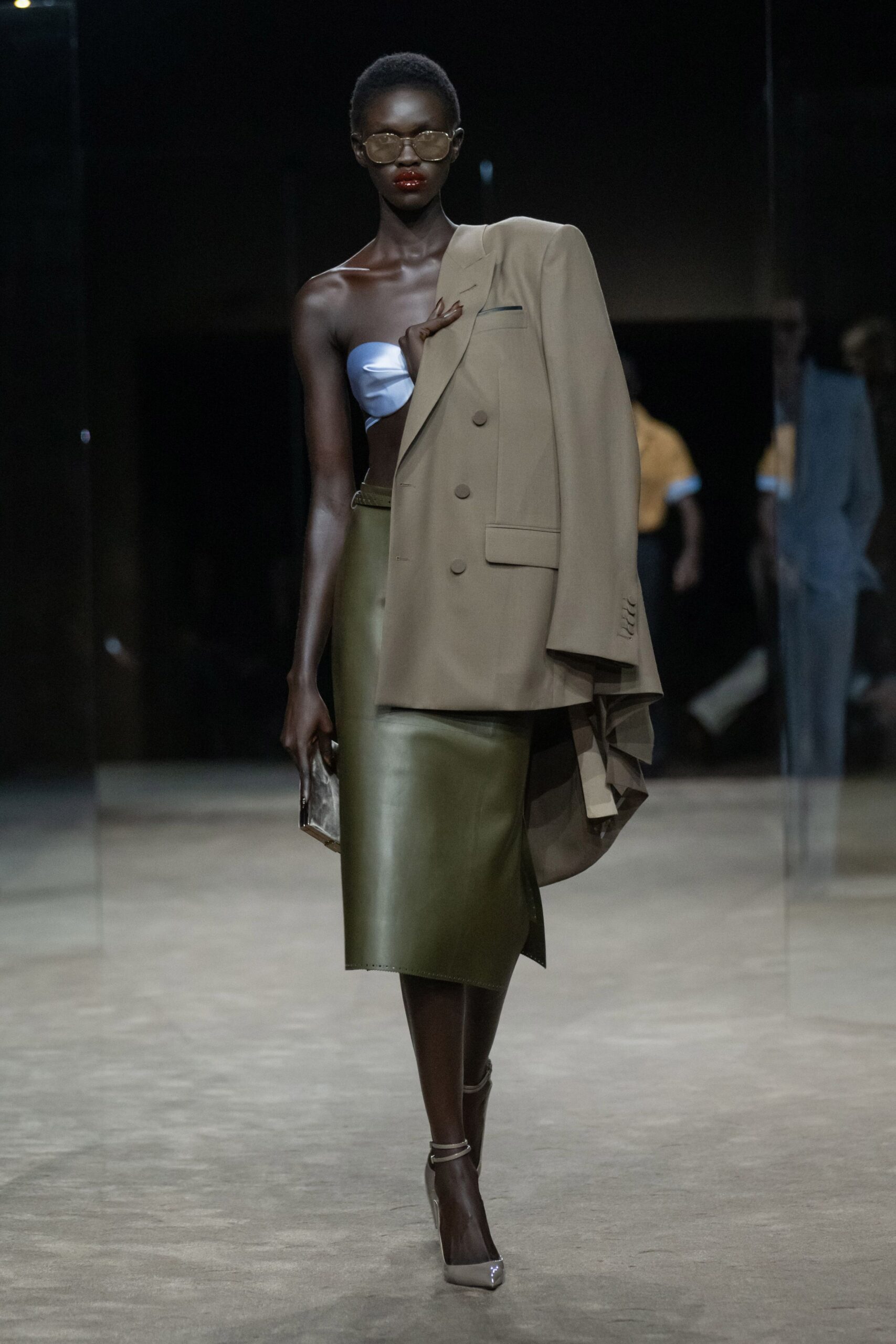 green leather slit fitted pencil belted midi skirt
