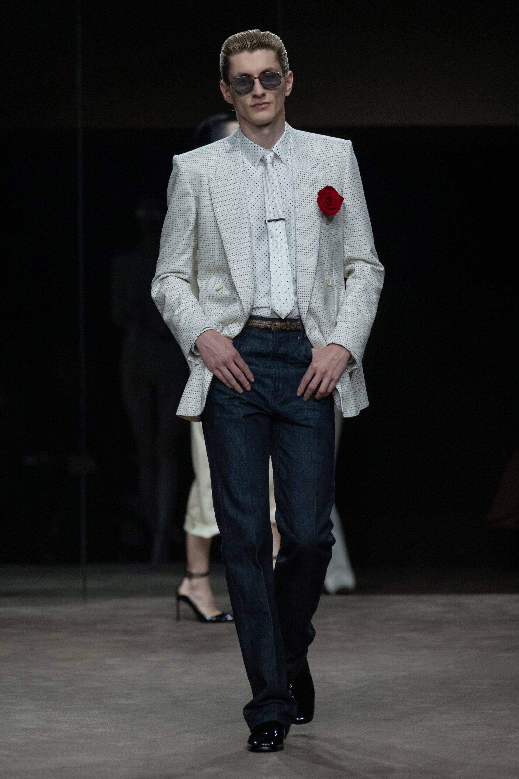 blue denim straight-leg pants