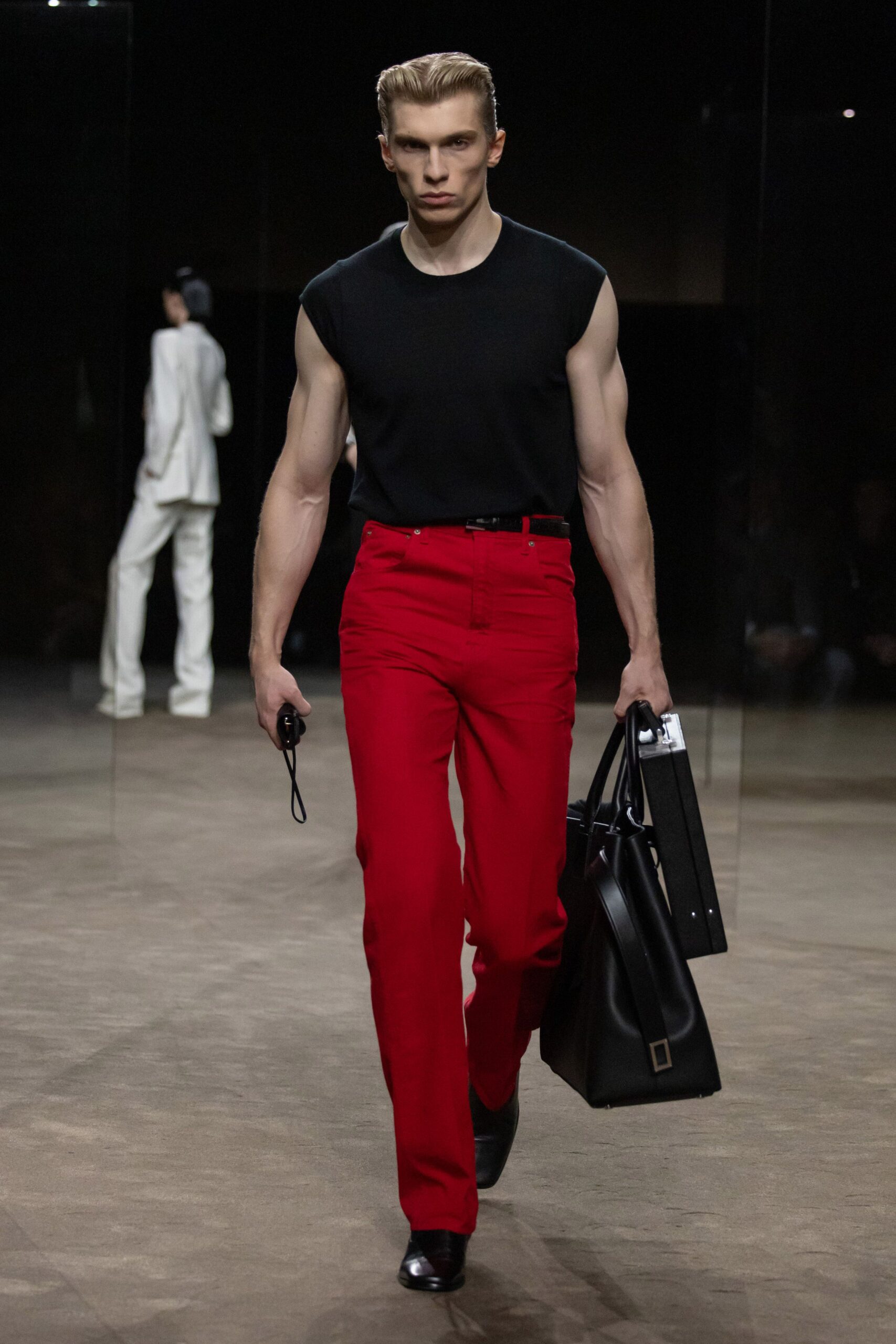 red tailored trousers