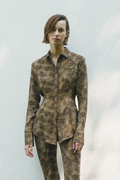 brown collared long-sleeve tailored animal-print buttoned shirt