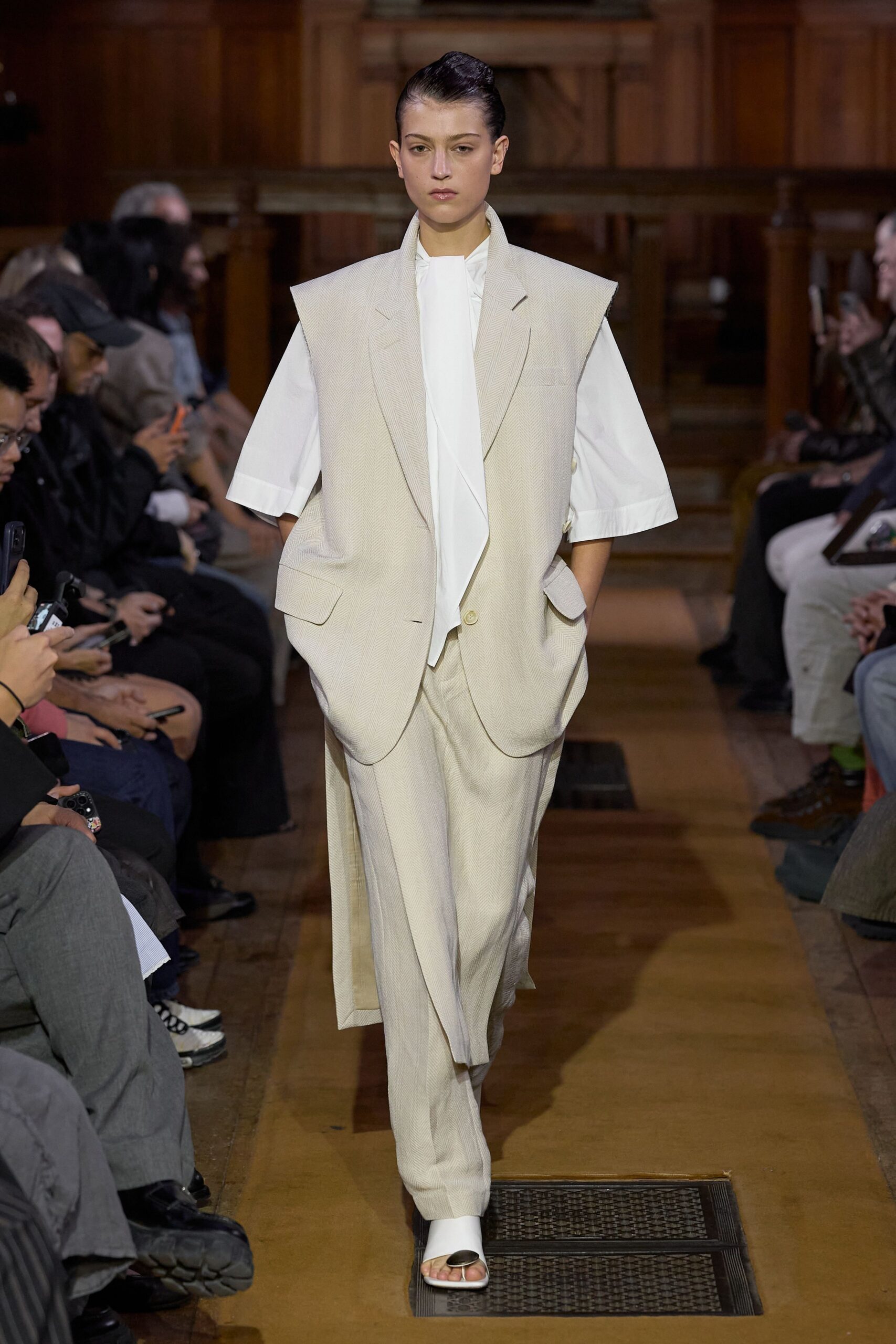 ivory wool wide-leg herringbone textured pants
