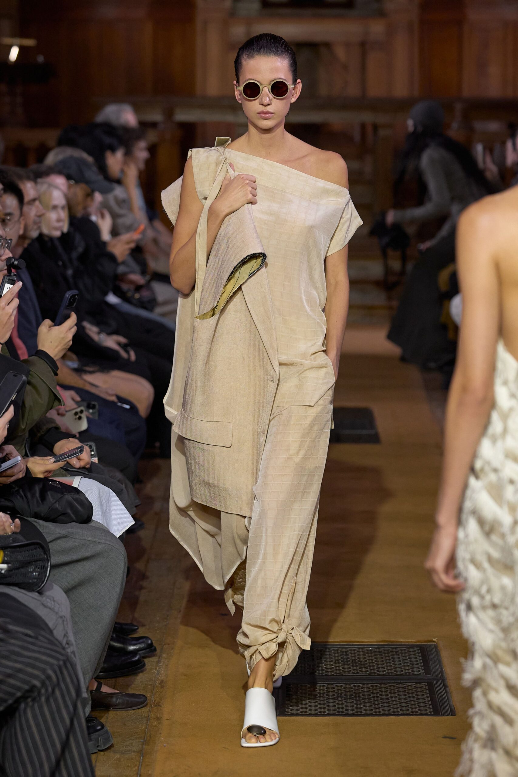 beige off-shoulder asymmetric draped printed flowing maxi dress