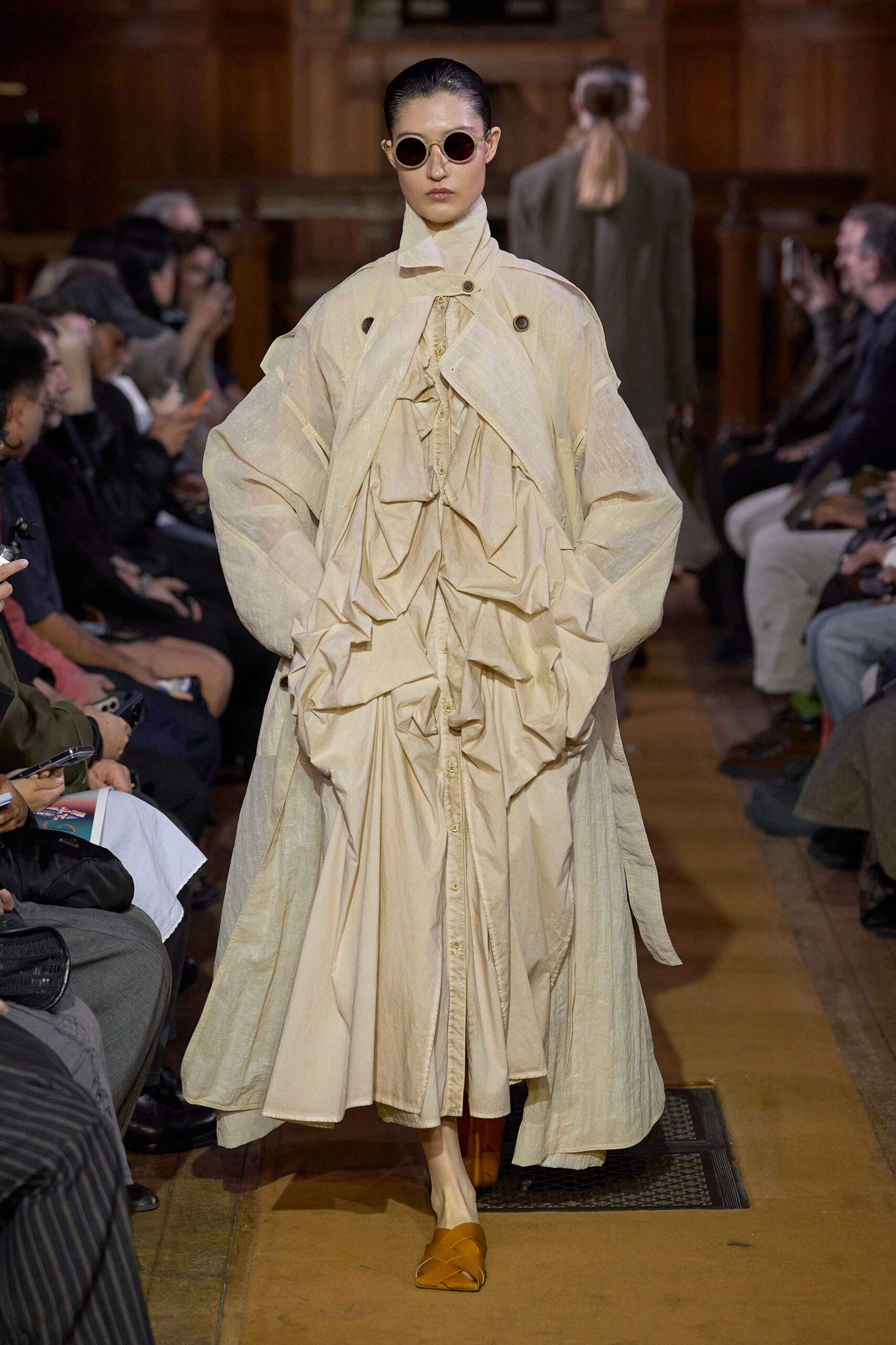 ivory organza long-sleeve high-neck oversized layered coat