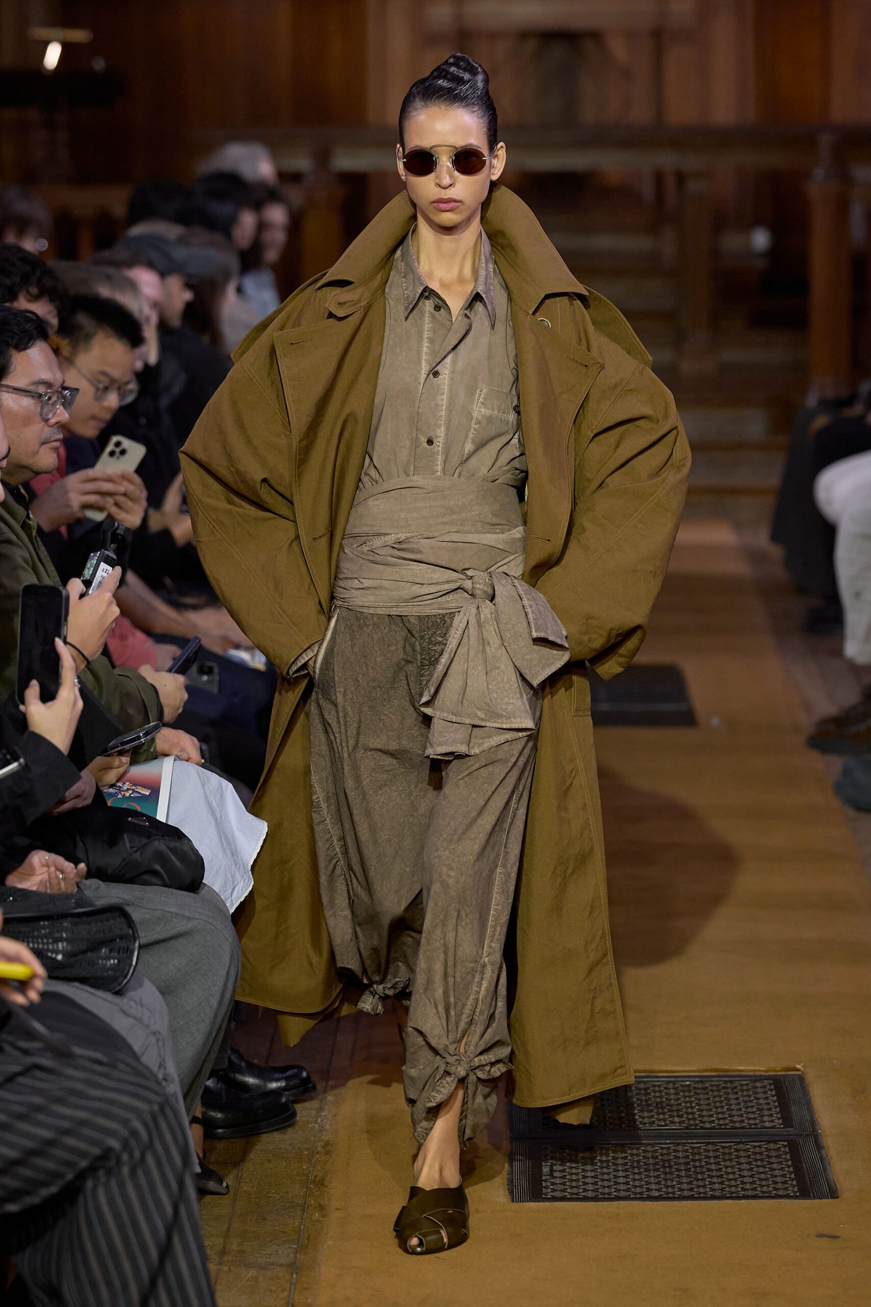 brown belted knotted textured pants