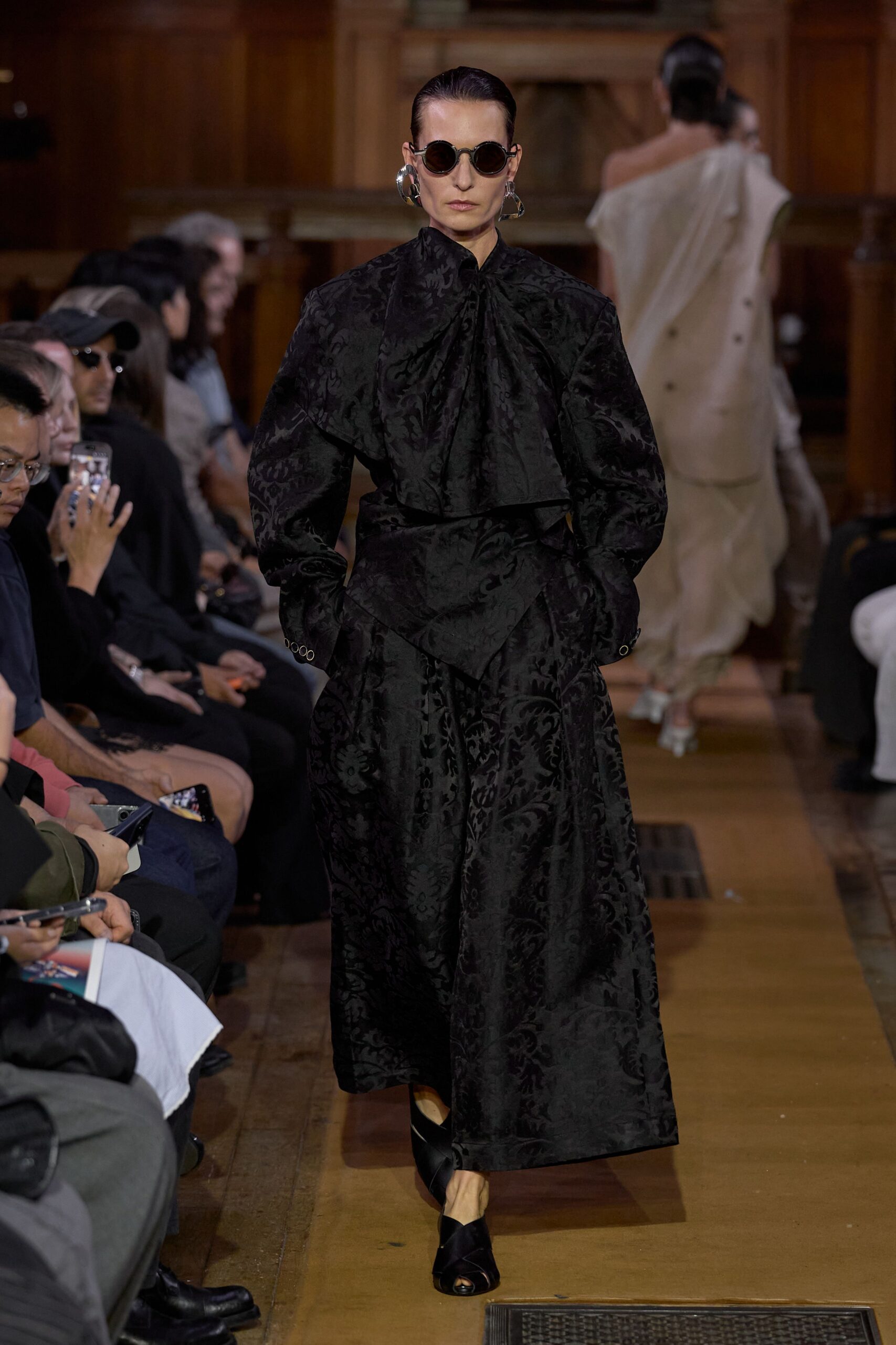 black brocade long-sleeve high-neck printed draped textured dress