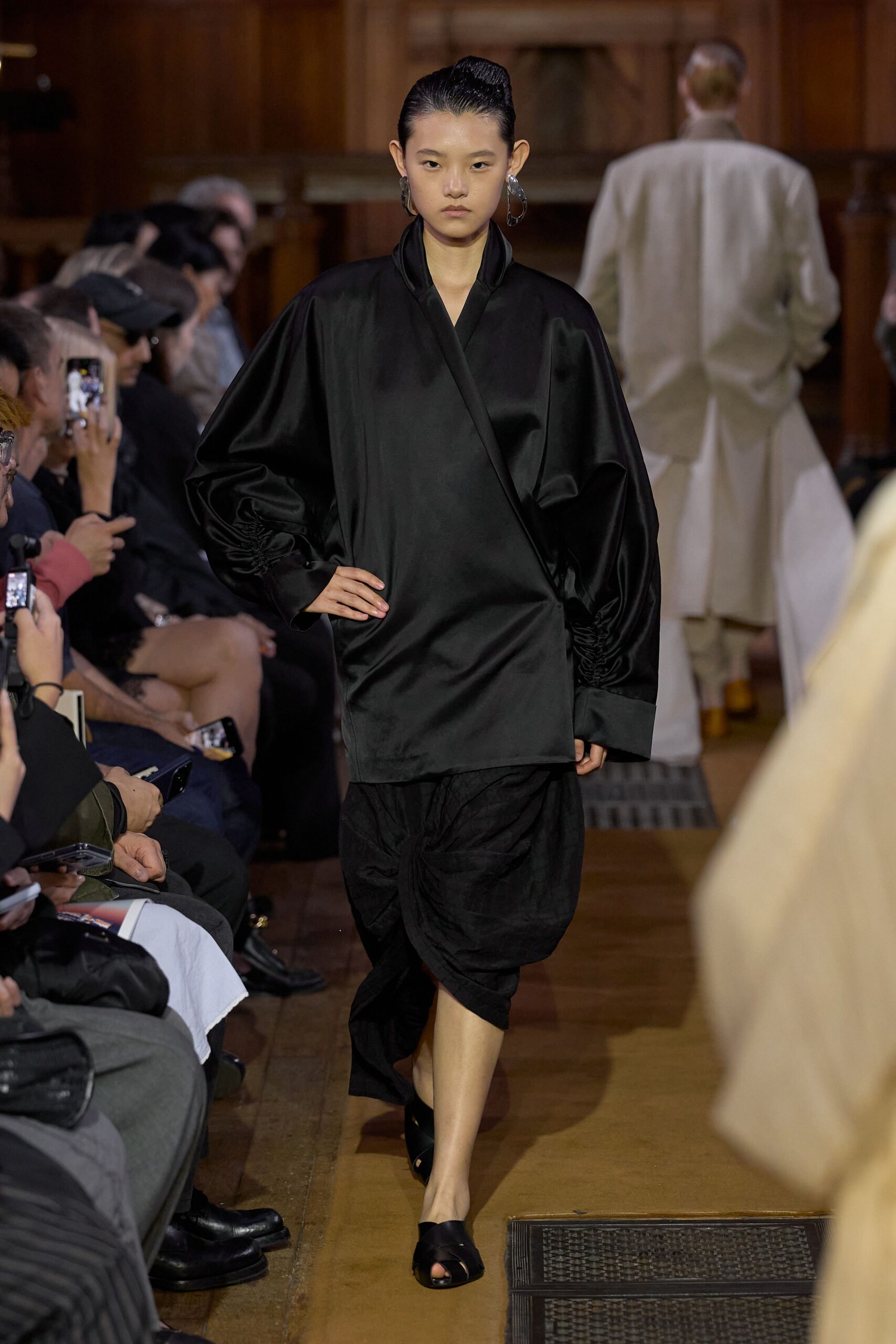 black satin long-sleeve collared oversized ruched shiny blouse