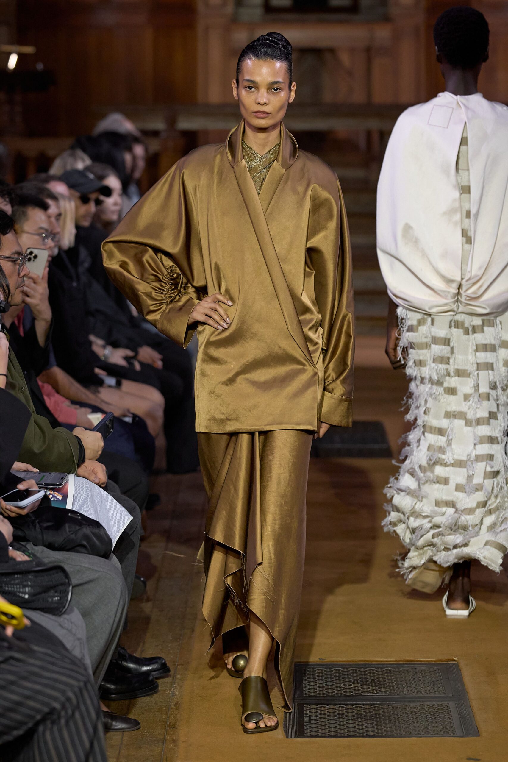 brown metallic high-neck shiny textured top