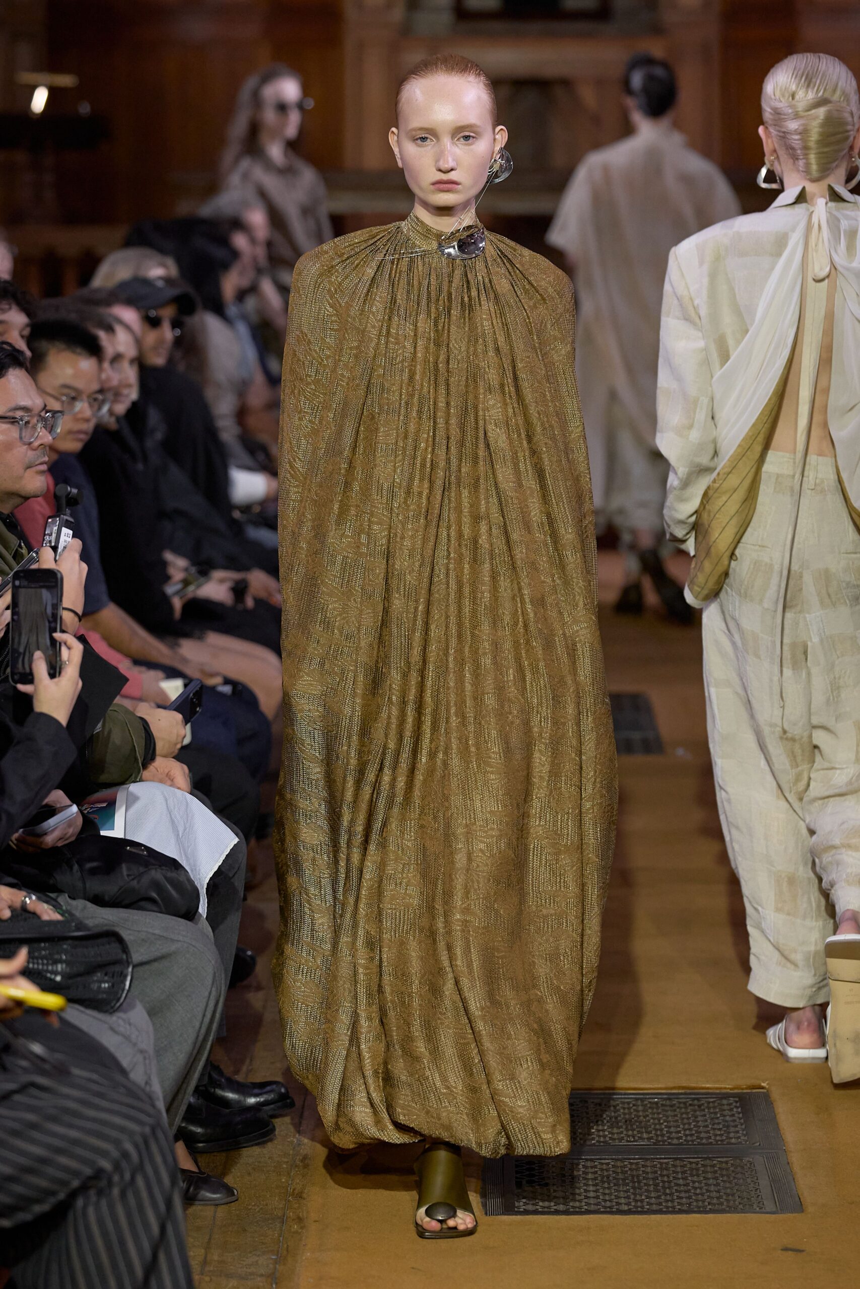 gold metallic high-neck draped printed flowing shiny gown