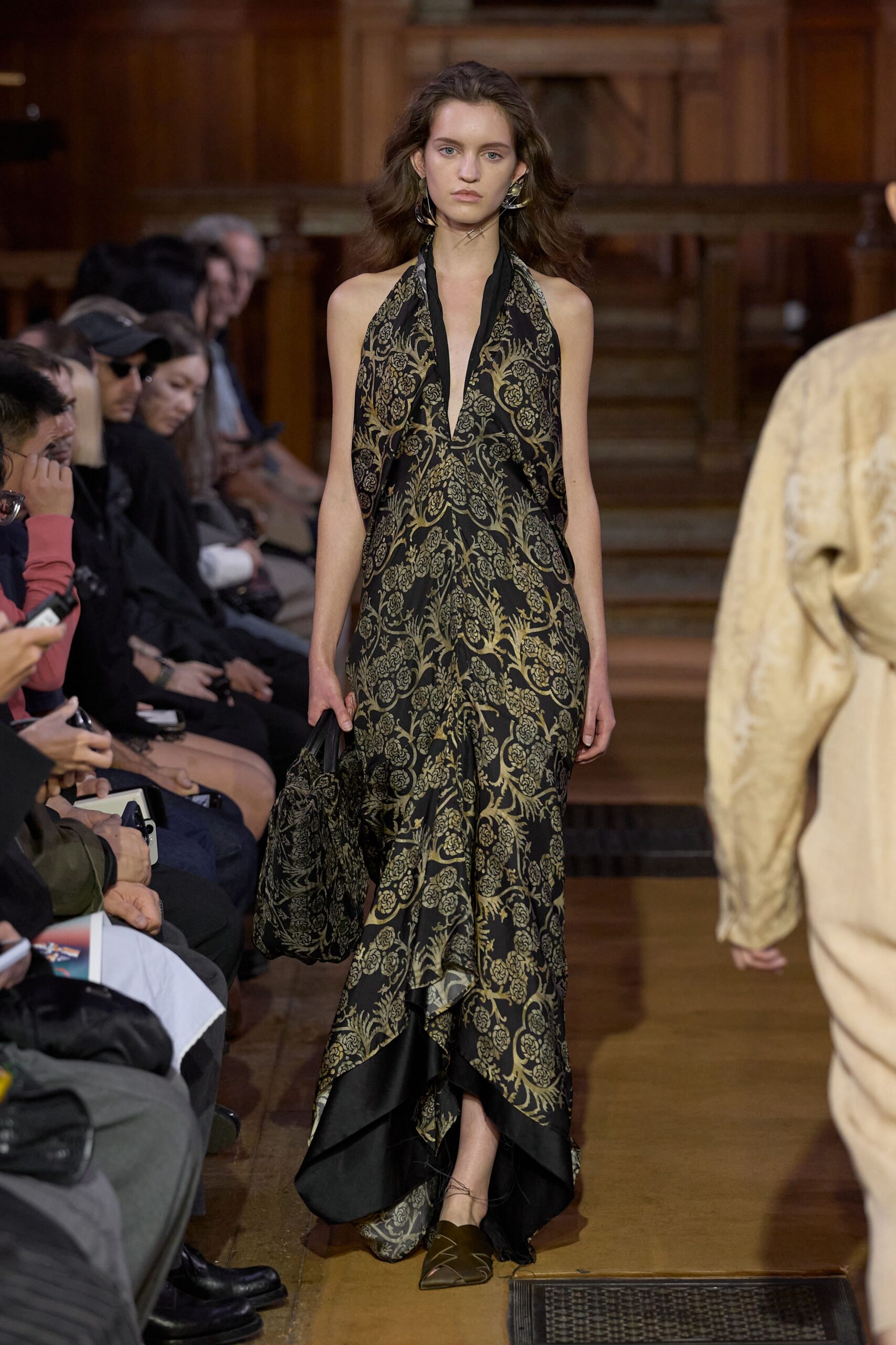 black satin halter low-cut printed draped gown