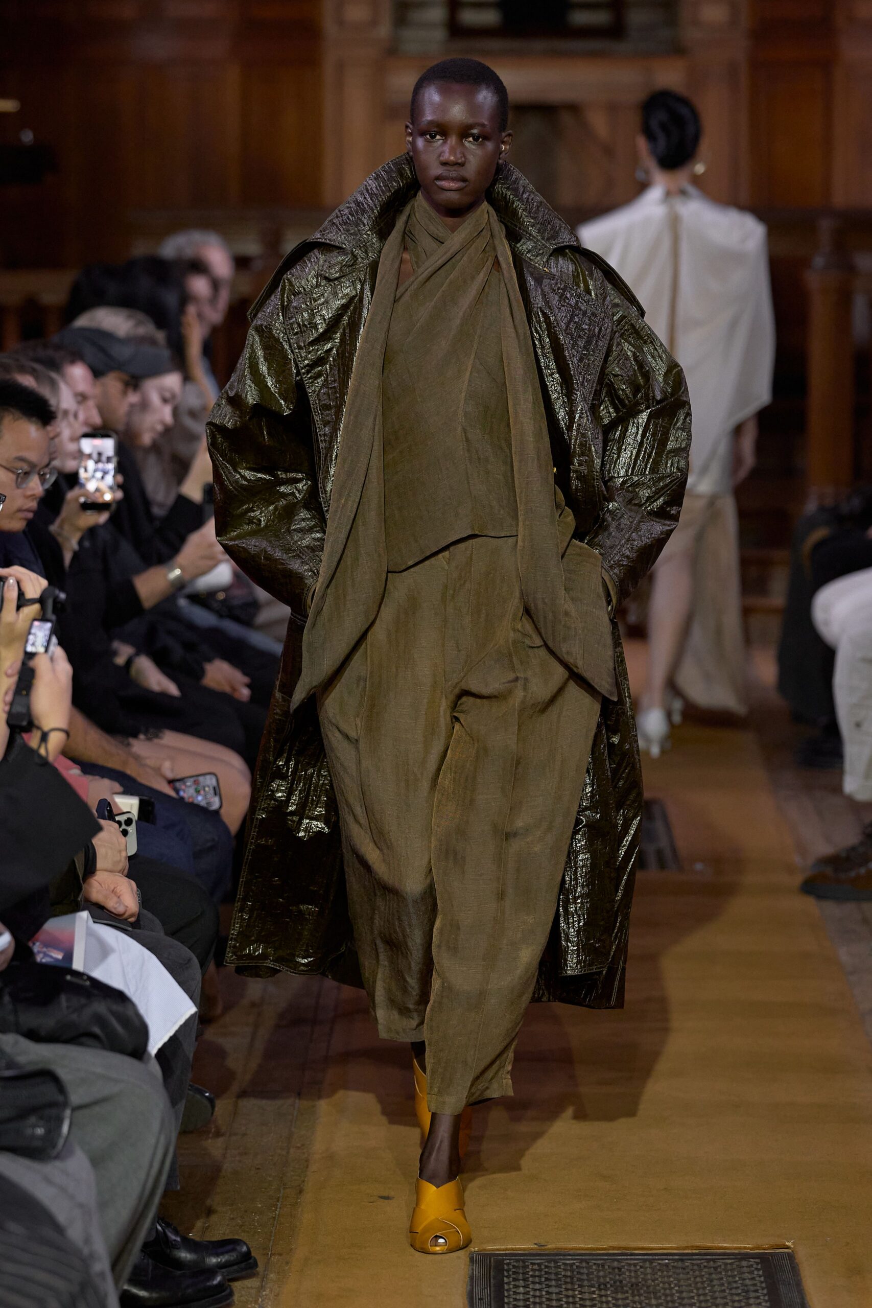 green metallic long-sleeve open-front oversized shiny textured coat