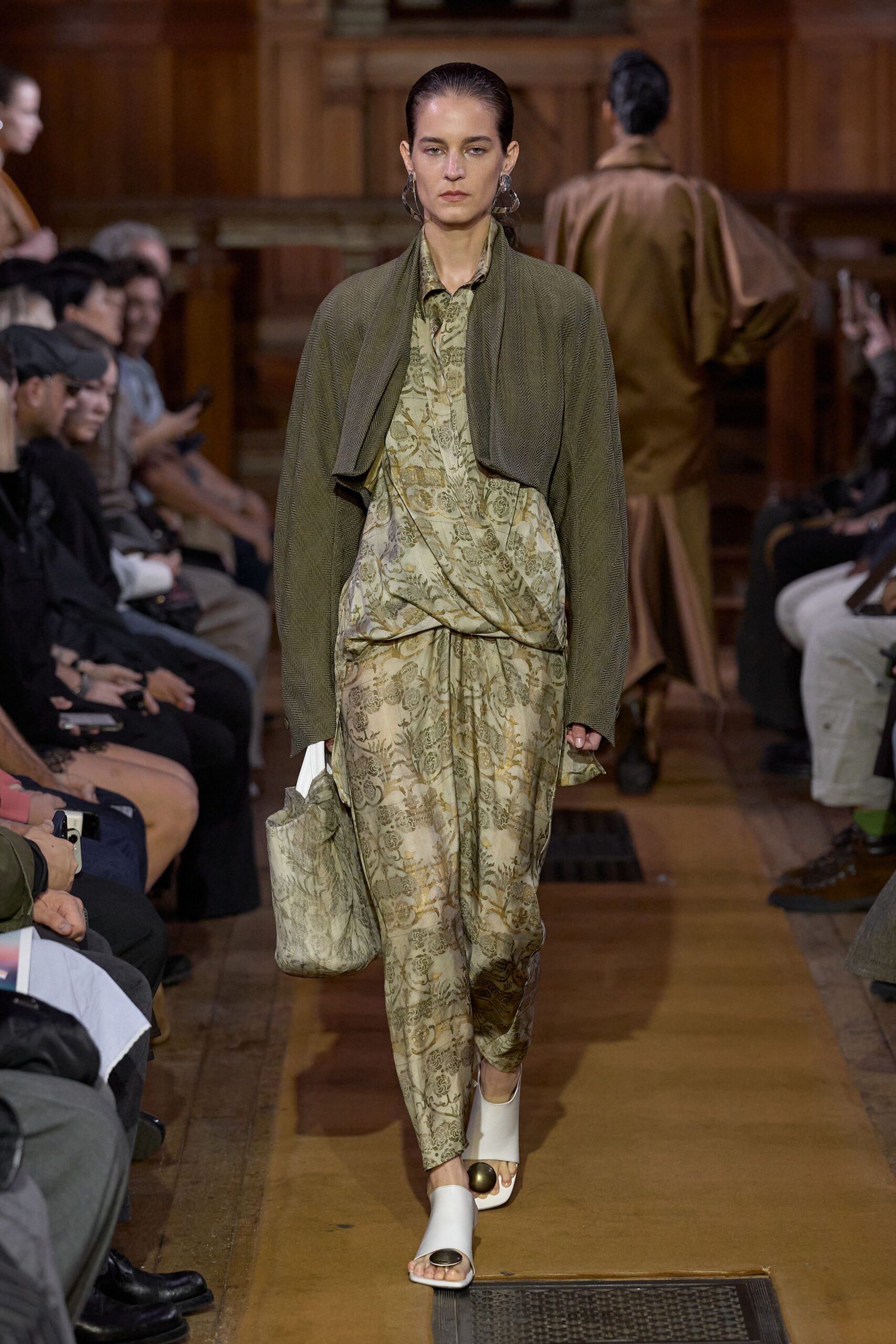 green satin collared long-sleeve printed draped jumpsuit