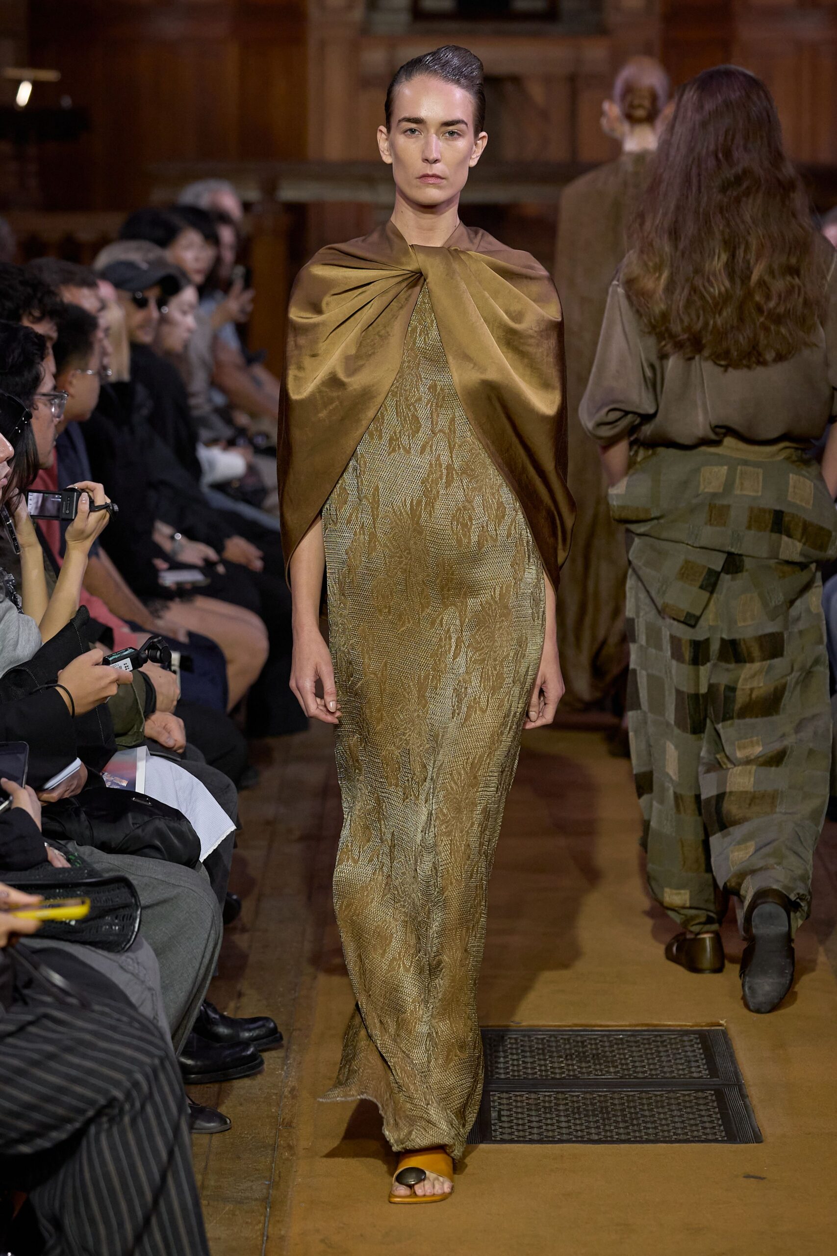brown satin high-neck draped shiny flowing cape