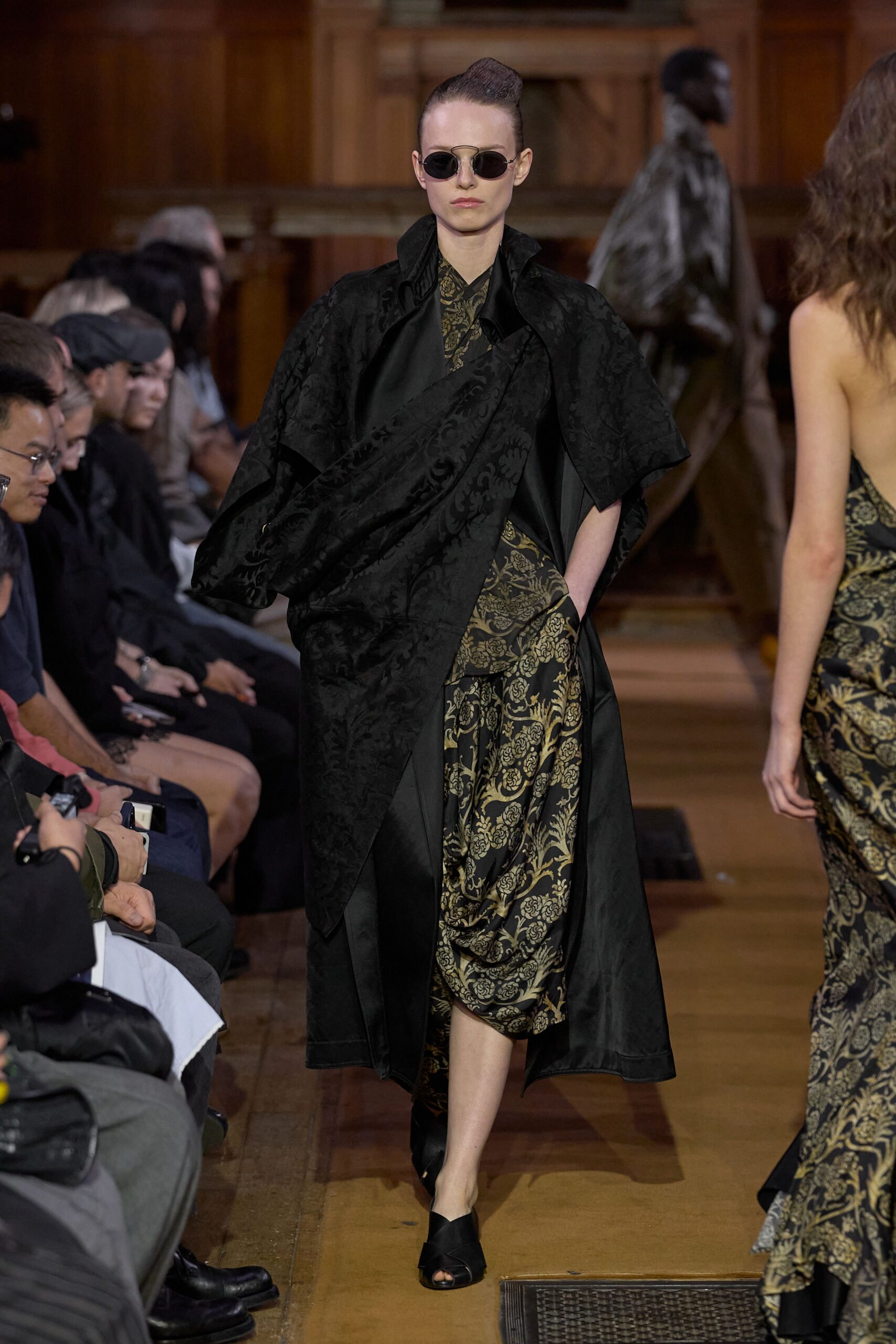 black brocade high-neck asymmetric printed draped dress