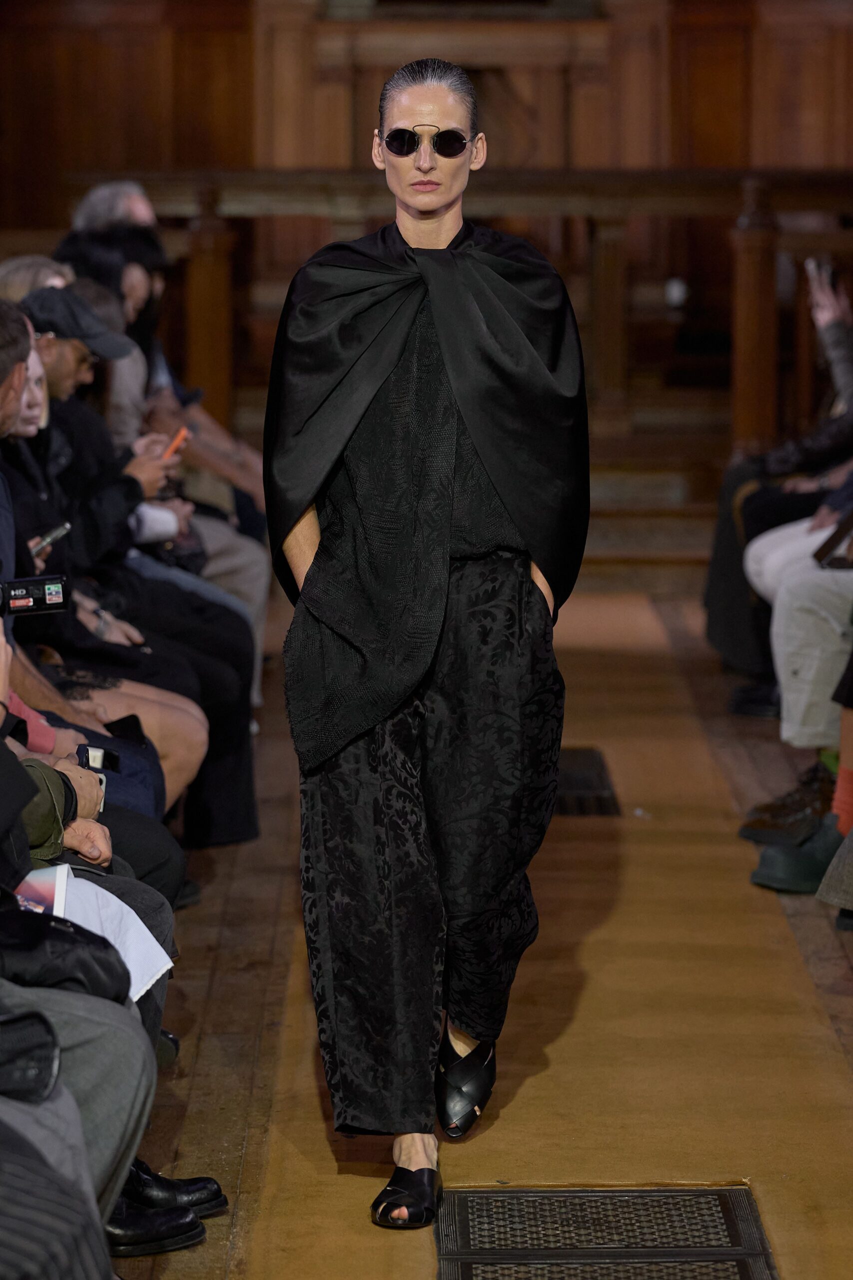 black jacquard printed wide-leg textured pants