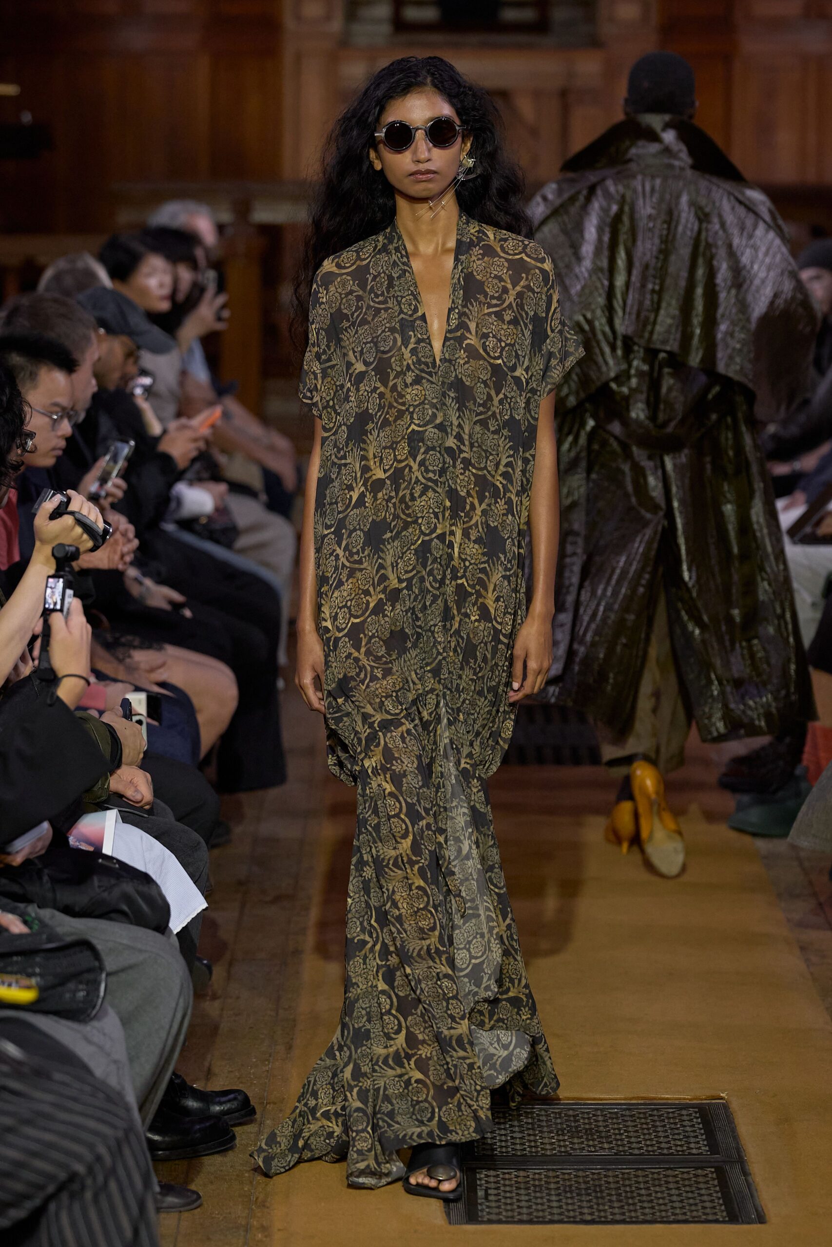 brown chiffon short-sleeve v-neck floral draped flowing gown