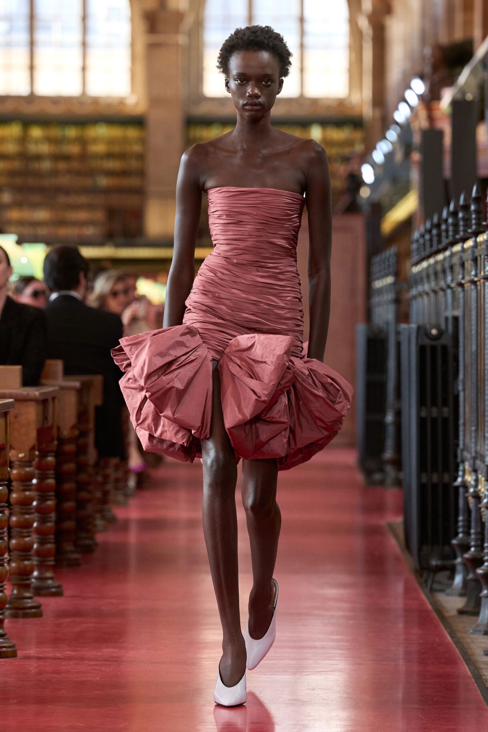 pink satin strapless fitted ruched draped shiny mini-dress
