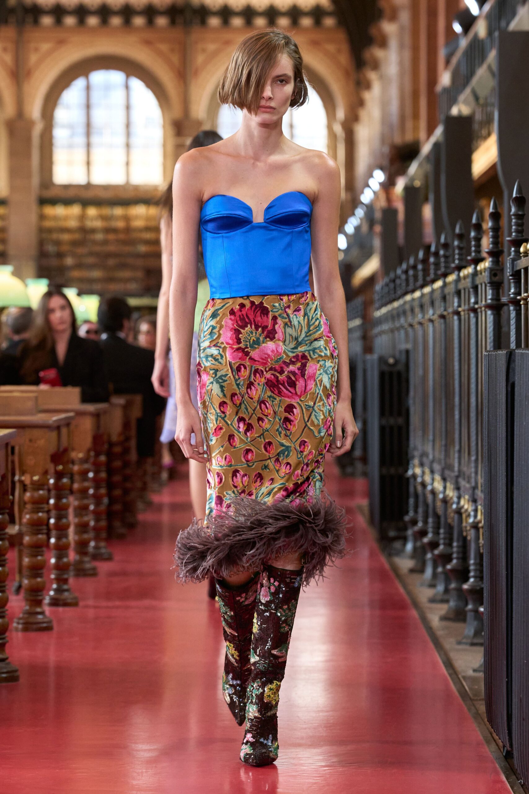 blue satin strapless sweetheart fitted floral embellished dress