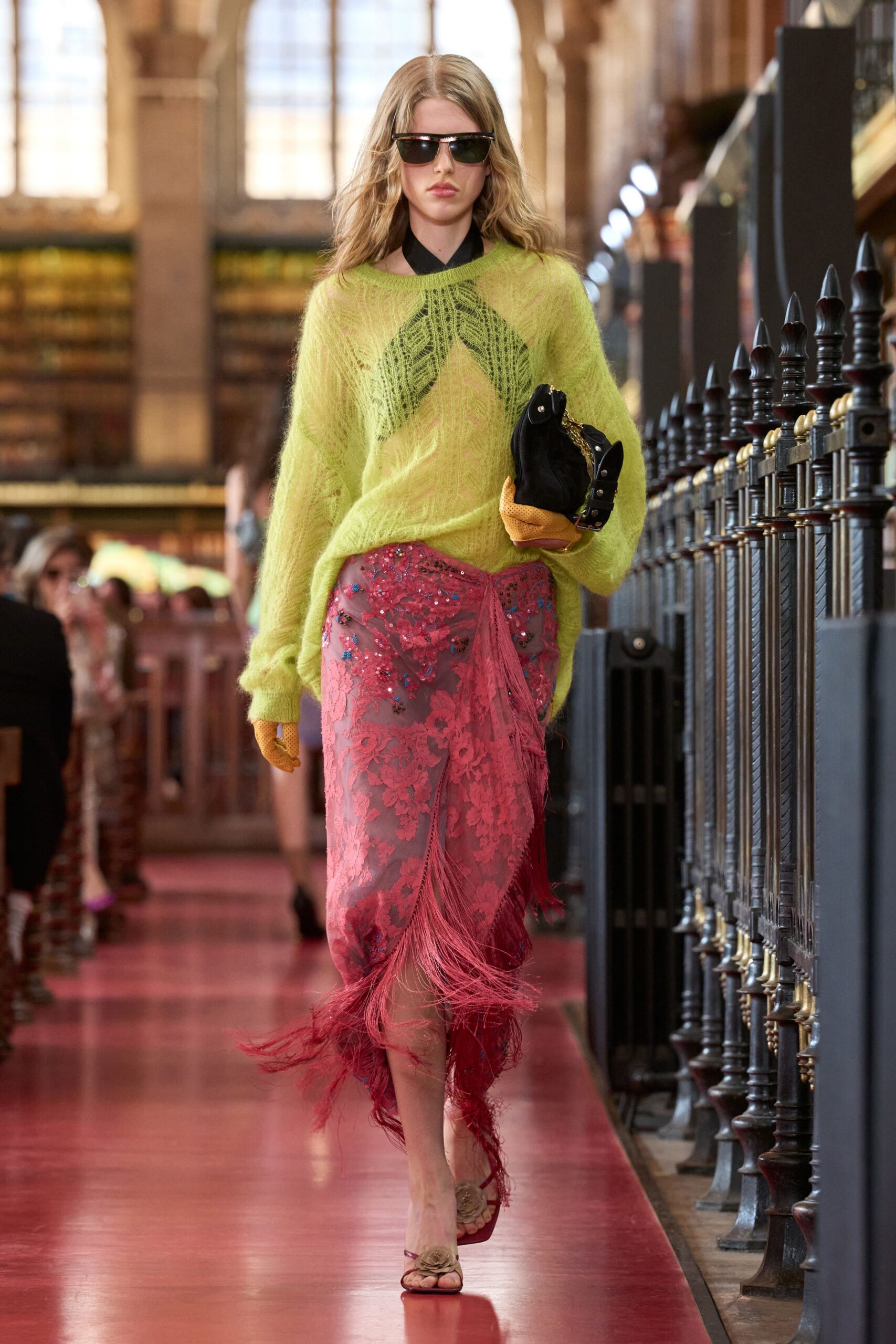 yellow knit long-sleeve boat-neck oversized openwork sweater