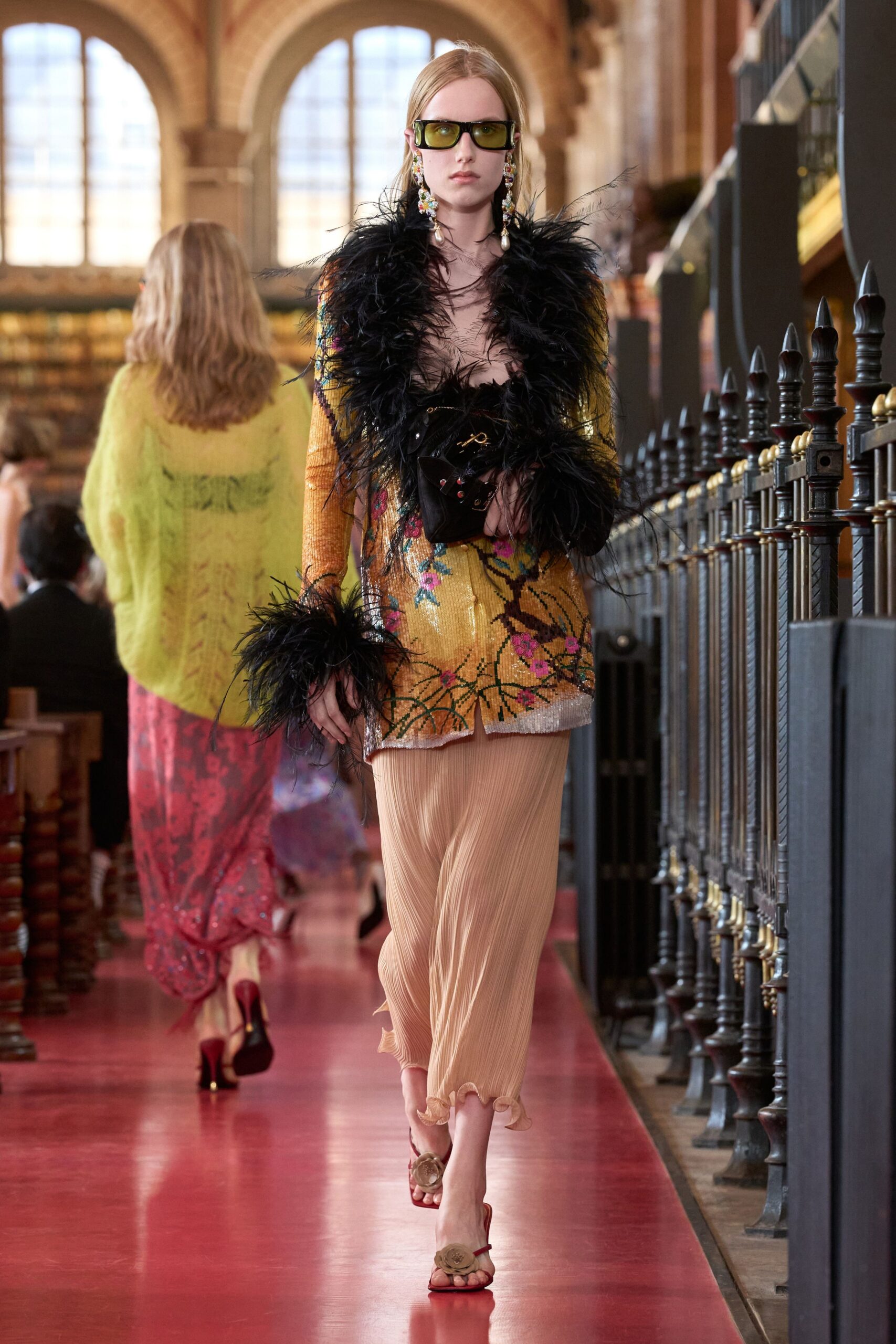 yellow sequin long-sleeve open-front floral embellished jacket